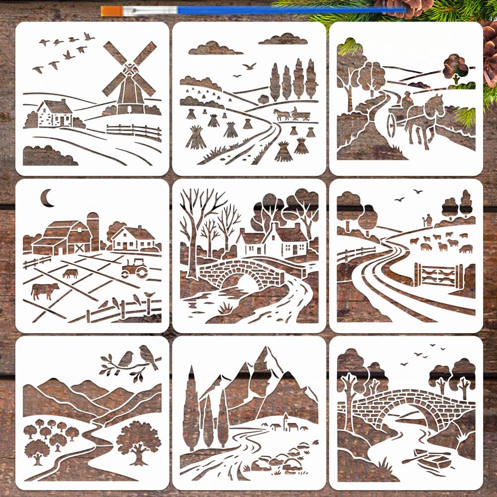 FINGERINSPIRE 9Pcs Countryside Landscape Stencils 15x15cm with Brush Reusable European Country Painting Templates Vintage Rural Silhouette for Wood Wall Canvas DIY Craft Decor