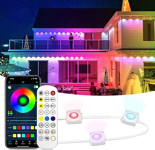 Luz permanente para exteriores, 150 pies con 100 luces LED de alero, luces RGB inteligentes para exteriores con 75 modos de escena, IP67 resistente
