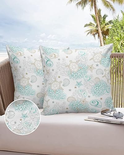 Juego de 2 fundas de almohada de verano para exteriores, diseño de tortugas marinas y algas marinas, decorativas, impermeables, color verde azulado,