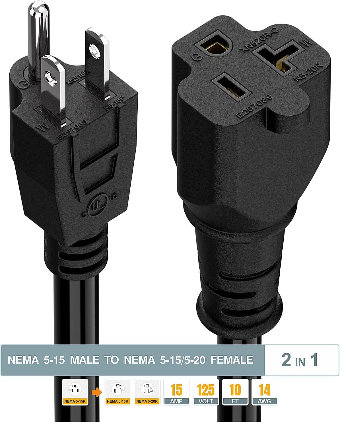 10-Feet 15 Amp Household AC Plug to 20 Amp T Blade Adapter Cable, Plugrand 14AWG 15 Amp to 20 Amp Plug Adapter Cord Nema 5-15P to 5-15R/5-20R 20Amp Comb AC Power Cord, Black