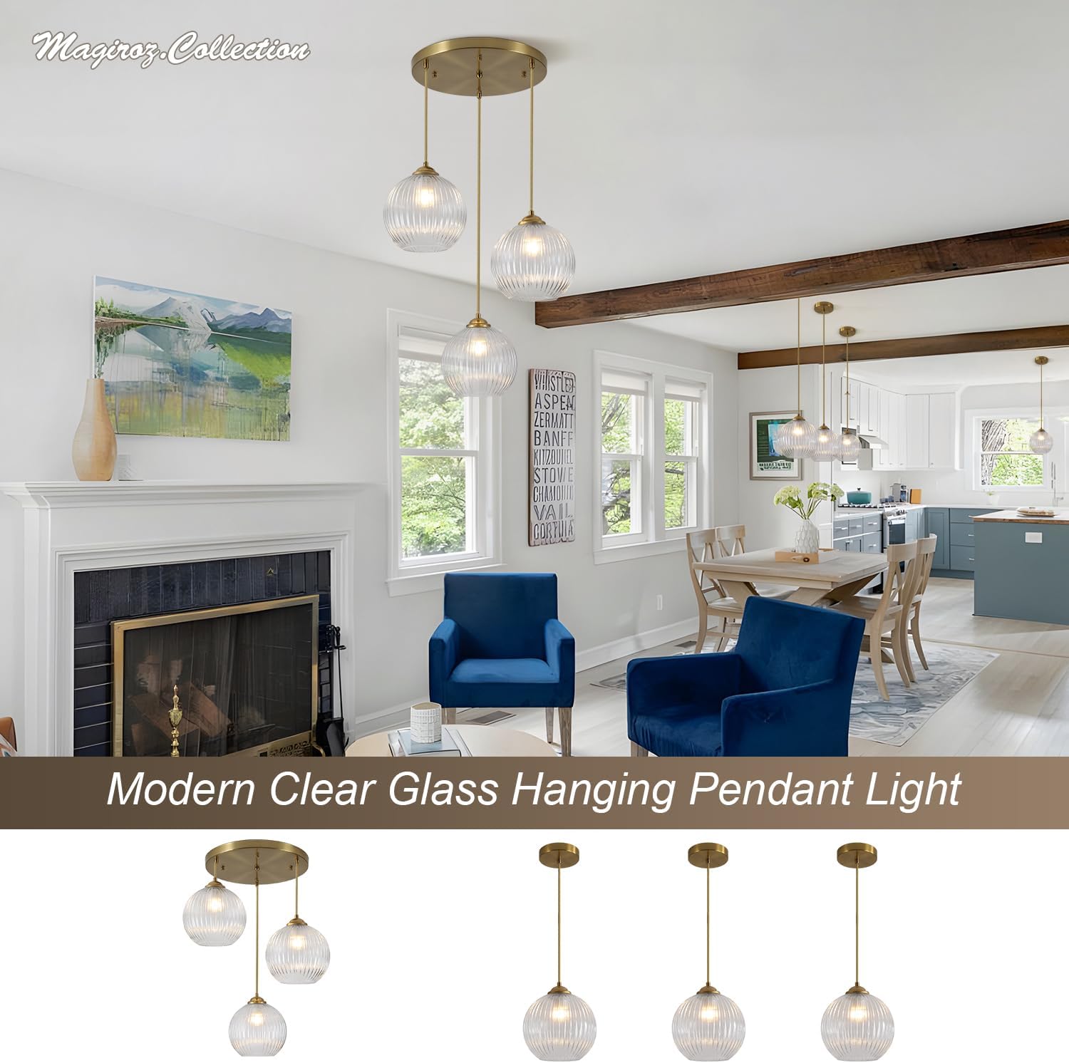 3-Light Pendant Light Fixtures Brushed Gold Kitchen Island Lighting Modern Clear Glass Cluster Pendant Lights Chandelier Adjustable Cord Antique Brass Hanging Light for Dining Room MPL30-3B