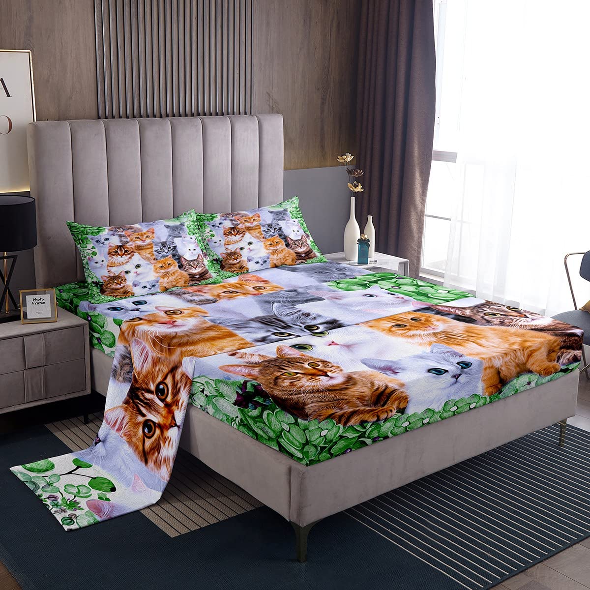 Feelyou Cute Cat Bed Set Kids Cartoon Pet Cats Toddler Sheet Set for Boys Girls Duvet 3D Green Flowers Kitten Cover Glasses Cat Lover's Decor Sheets with 2 Pillowcases 4Pcs Bedding Queen