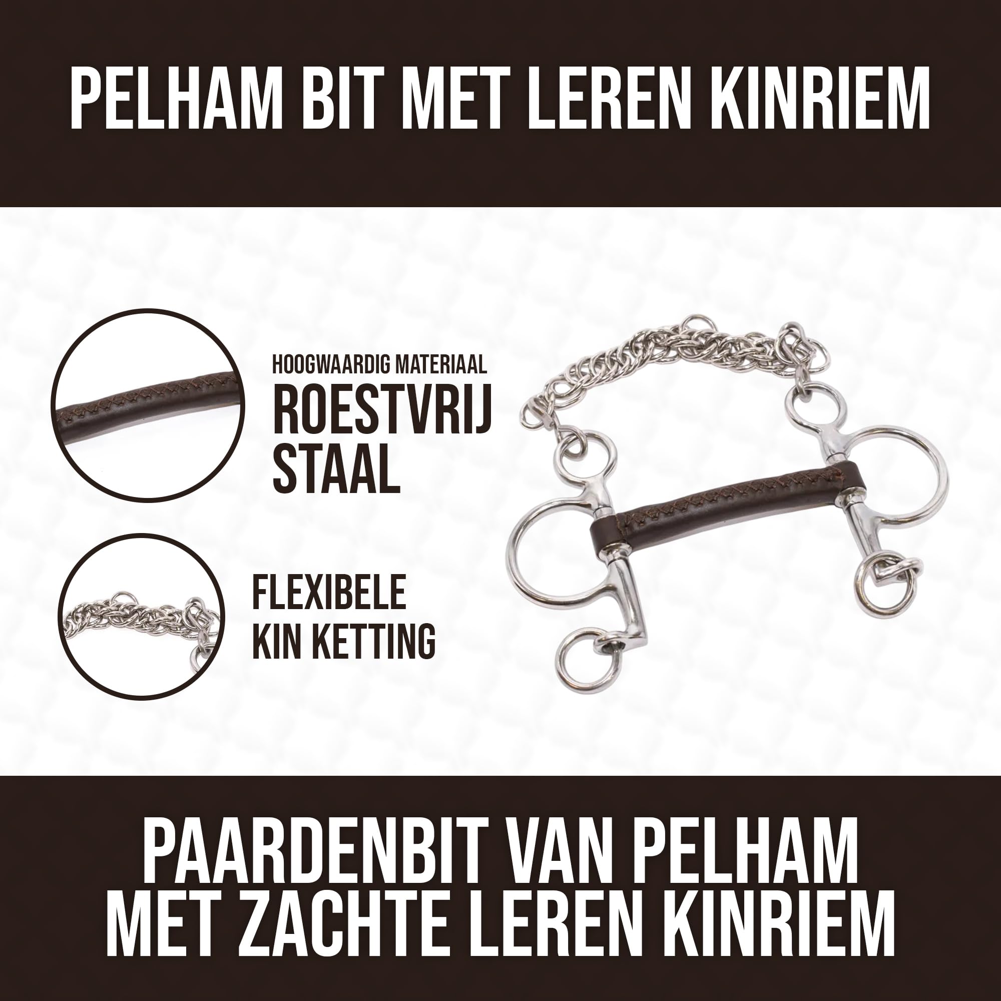Pelham Gebiss 115 mm - Premium Braun Leder Gebiss für Pferd mit stabilen Metallringen und Kinnkette - Gerades Mundstück für Komfortables Reiten - Reitausrüstung für Reitpferd
