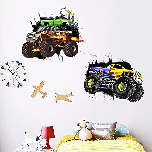 PLIGREAT Calcomanías de pared grandes de camión monstruo, calcomanías de pared de vinilo removible 3D agrietado para adolescentes, sala de juegos,
