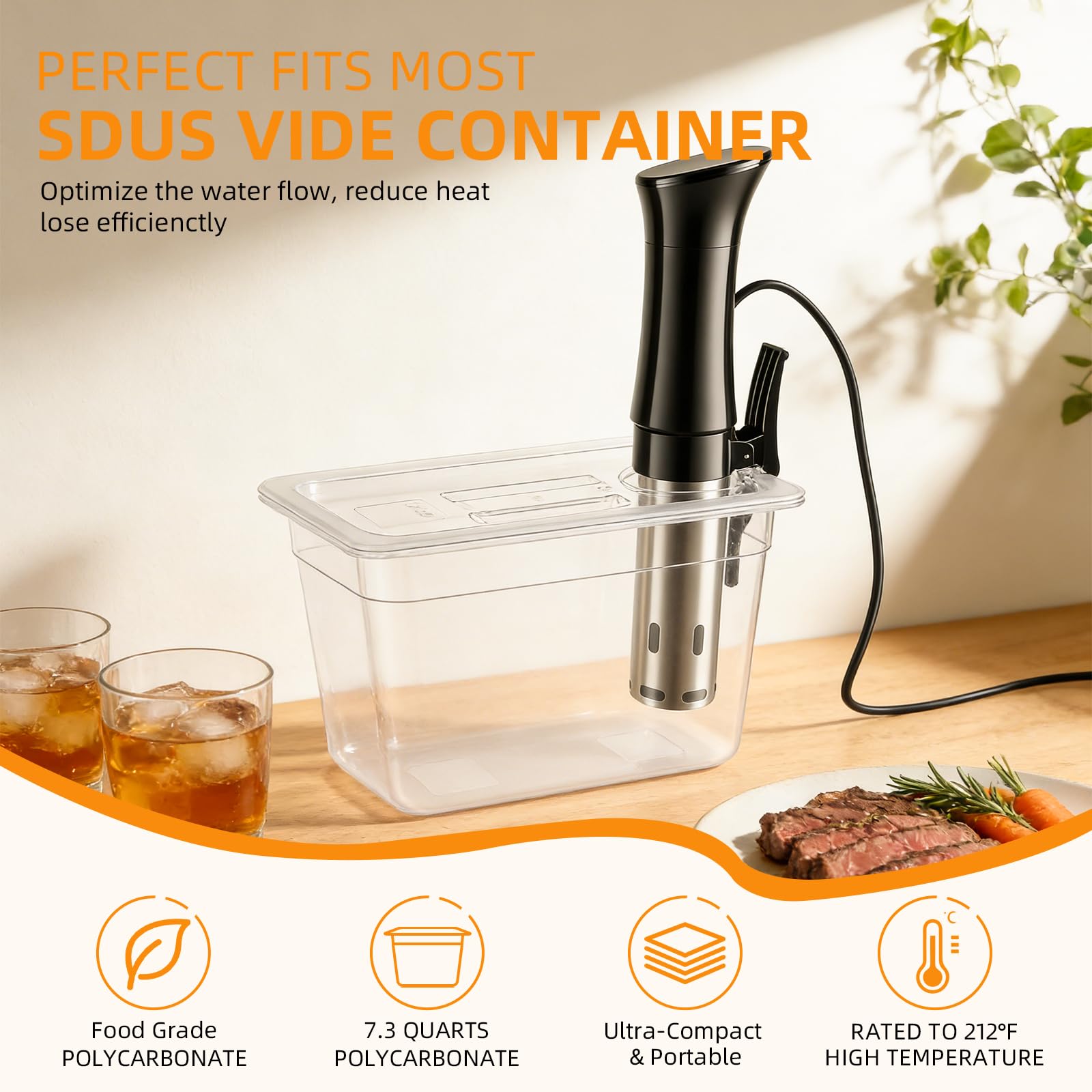 Recipiente pequeño para Sous Vide con tapa, tanque Sous Vide de 6 L para cocinar lentamente en casa y preparar comidas, sin BPA