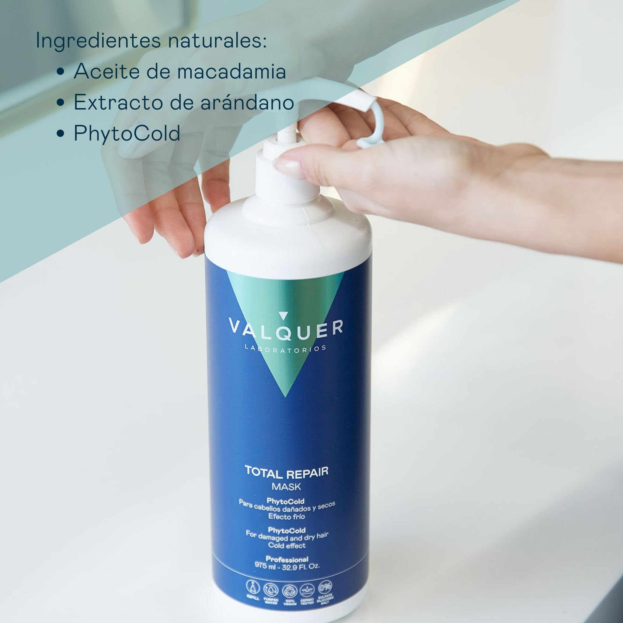 VALQUER Mascarilla Capilar Total Repair Zero Efecto Frío | Hidratante, Reparadora y Nutritiva para Cabello Dañado y Seco | Con Arándano y Aceite de Macadamia | Vegano | 975 ml