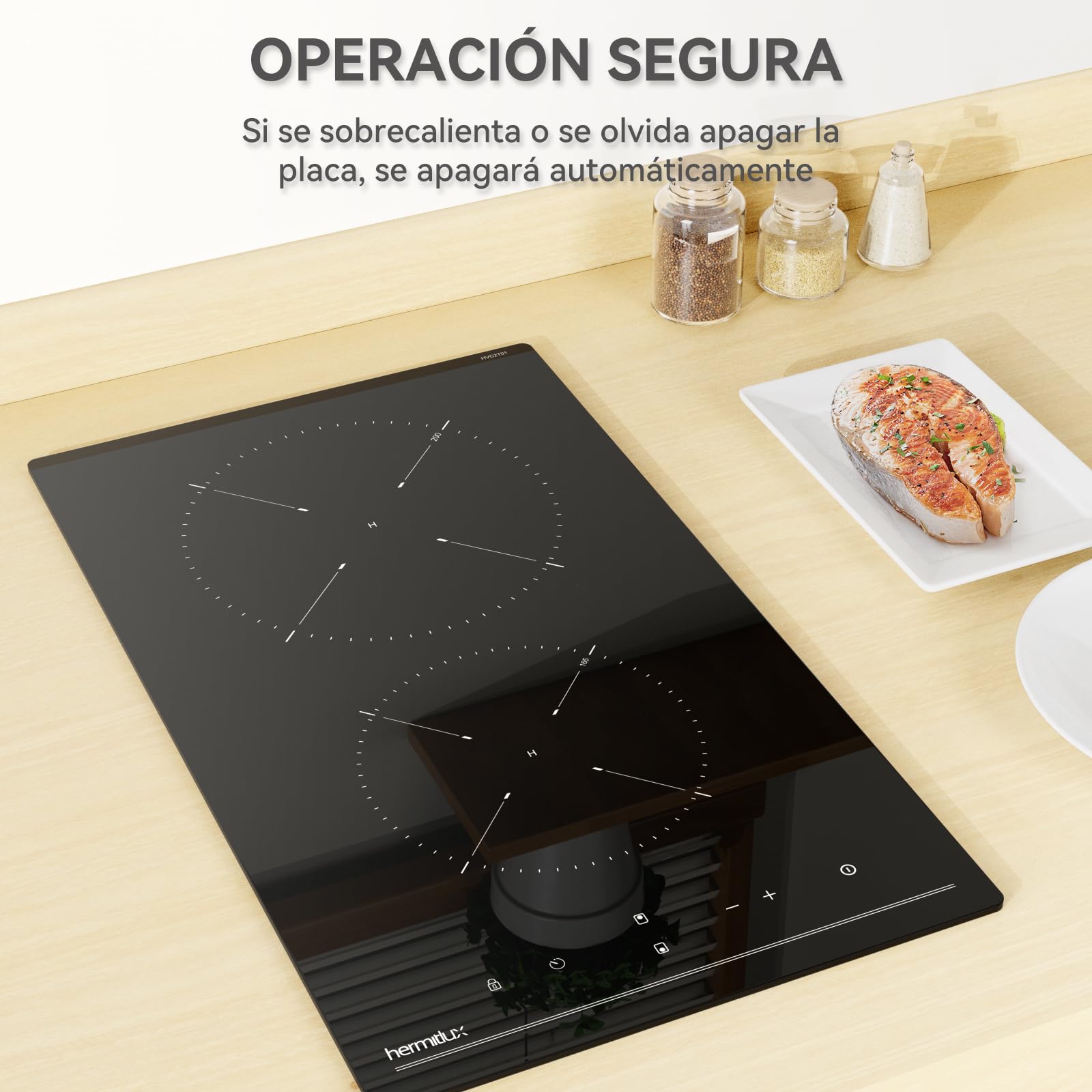 Hermitlux placa vitrocerámica 2 fuegos 28,8cm, 9 niveles de potencia, control táctil, temporizador, seguro para niños, apta para todo tipo de sartenes, 3300W — view 8