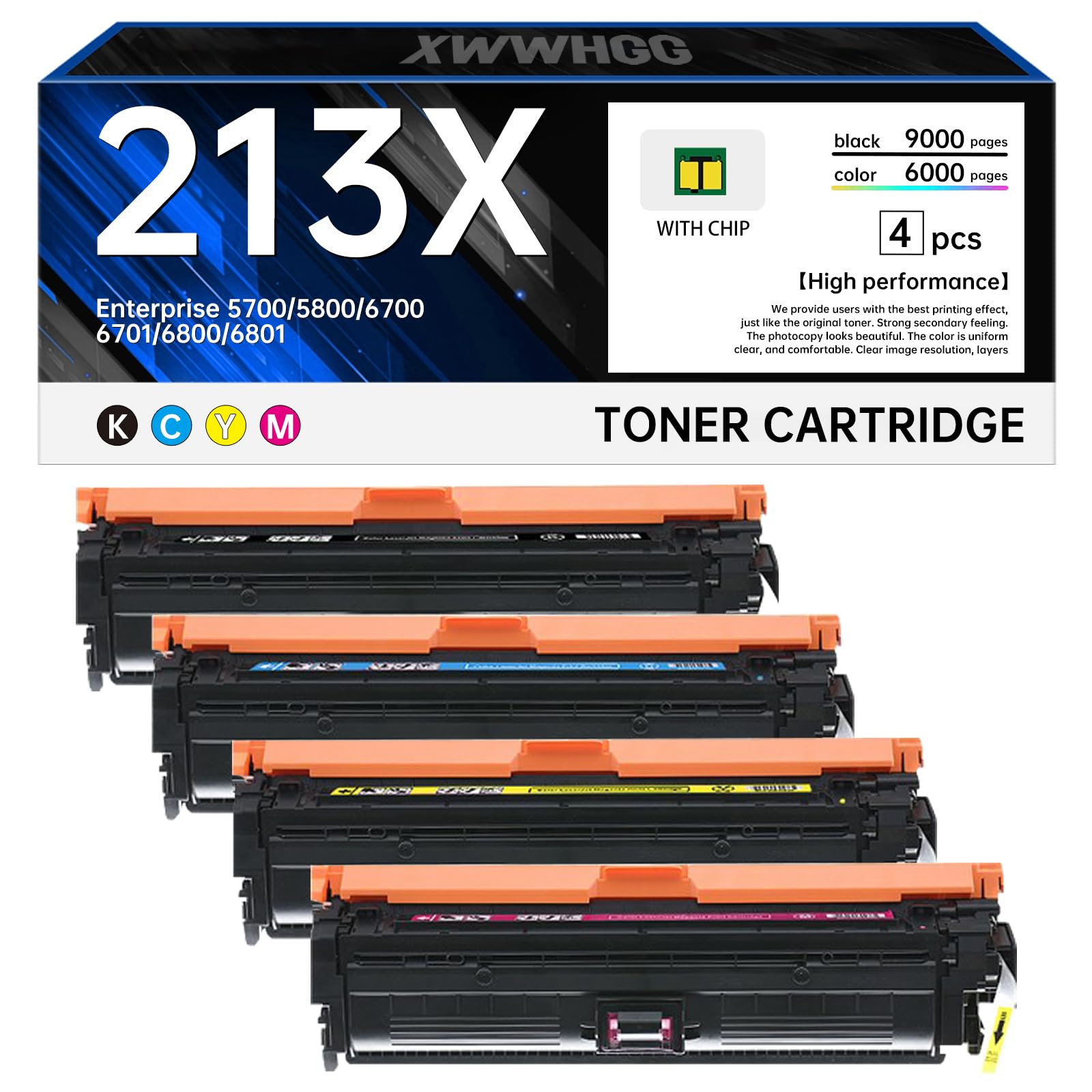 W2130X 213X Toner Cartridge 4-Pack with Chip - Compatible Replacement for HP 213A 213X 213Y for Color Laserjet Enterprise 5700 5800 6700 6701 6800