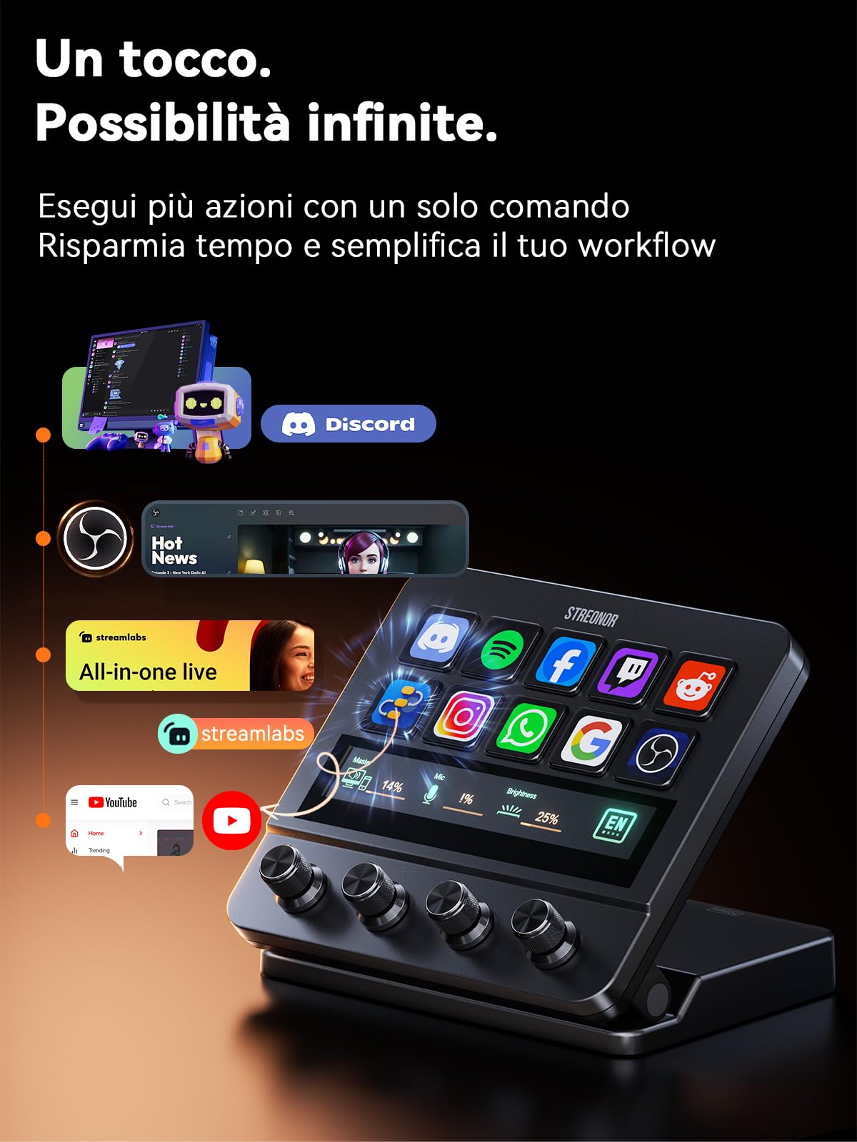 STREONOR Stream Control Deck Pro S10 con 10 tasti Touch Bar 4 manopole | Stream Controller per OBS, Twitch, Discord, ecc., ideale per streaming, editing video e gaming, compatibile Mac/Windows