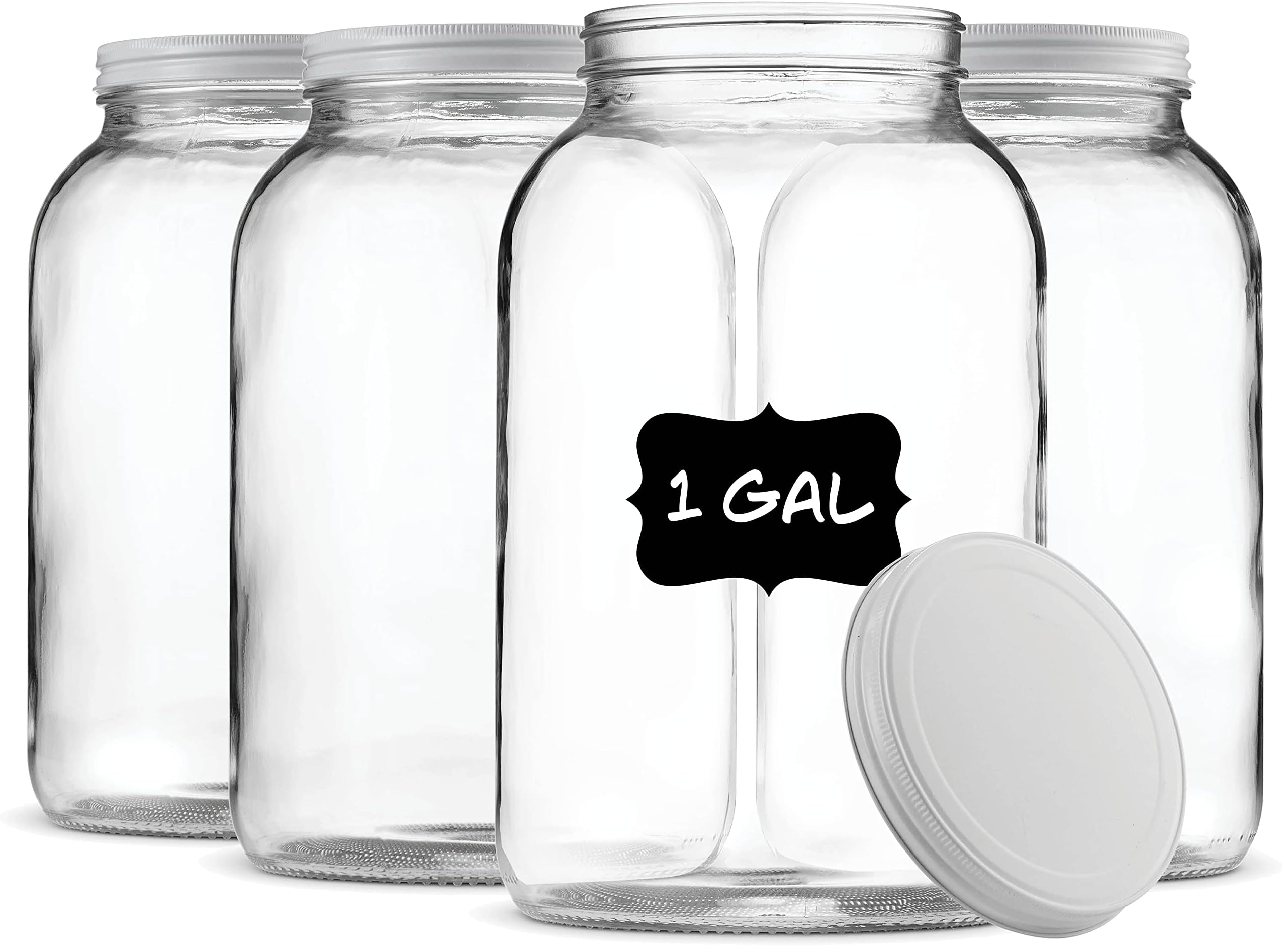 Paksh Novelty 1 Gallon Food Storage Container (4 Pack) Wide Mouth Glass Jar, Airtight Metal Lid, USDA Approved BPA-Free Dishwasher Safe for Storing and Canning with Labels