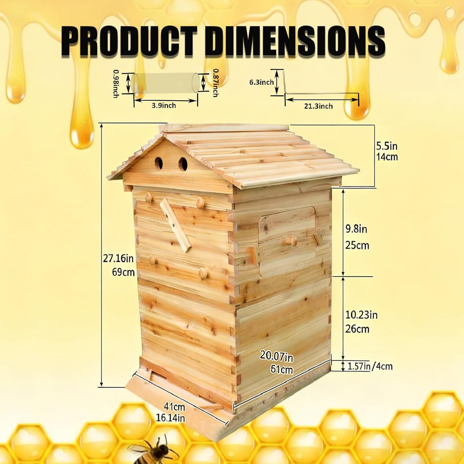 Kit de Inicio de Colmena de Abejas Caja de Abeja Completa con Ventana observación y Boquilla Miel Carpintero para polinizadores jardín para Principiantes,0.1,51×41×26cm