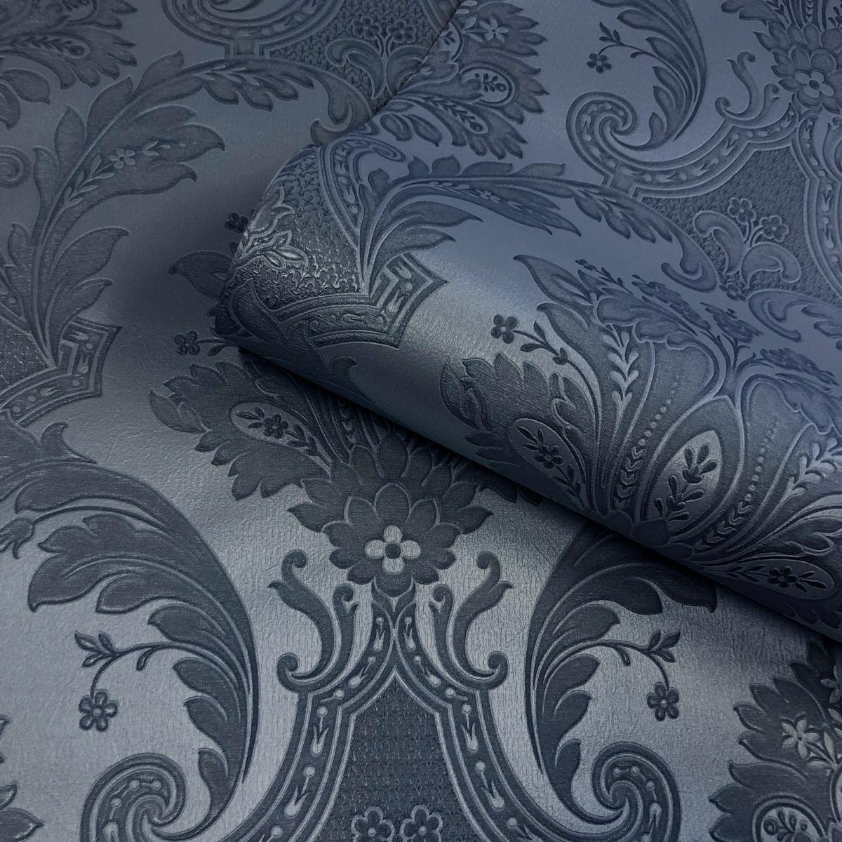 Belgravia Decor Amara Damask Dark Blue Wallpaper 10m