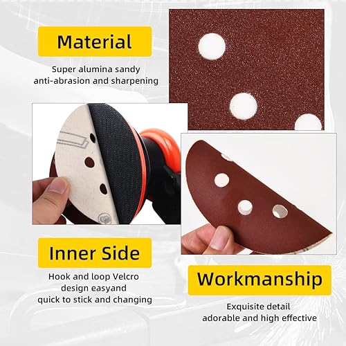 Miniatura 4 de Juego de discos de lija de 200 piezas, papel de lija de 8 agujeros de 5 pulgadas, 10 grados, incluye 60, 80, 100, 120, 150, 180, 240, 320, 400, 600