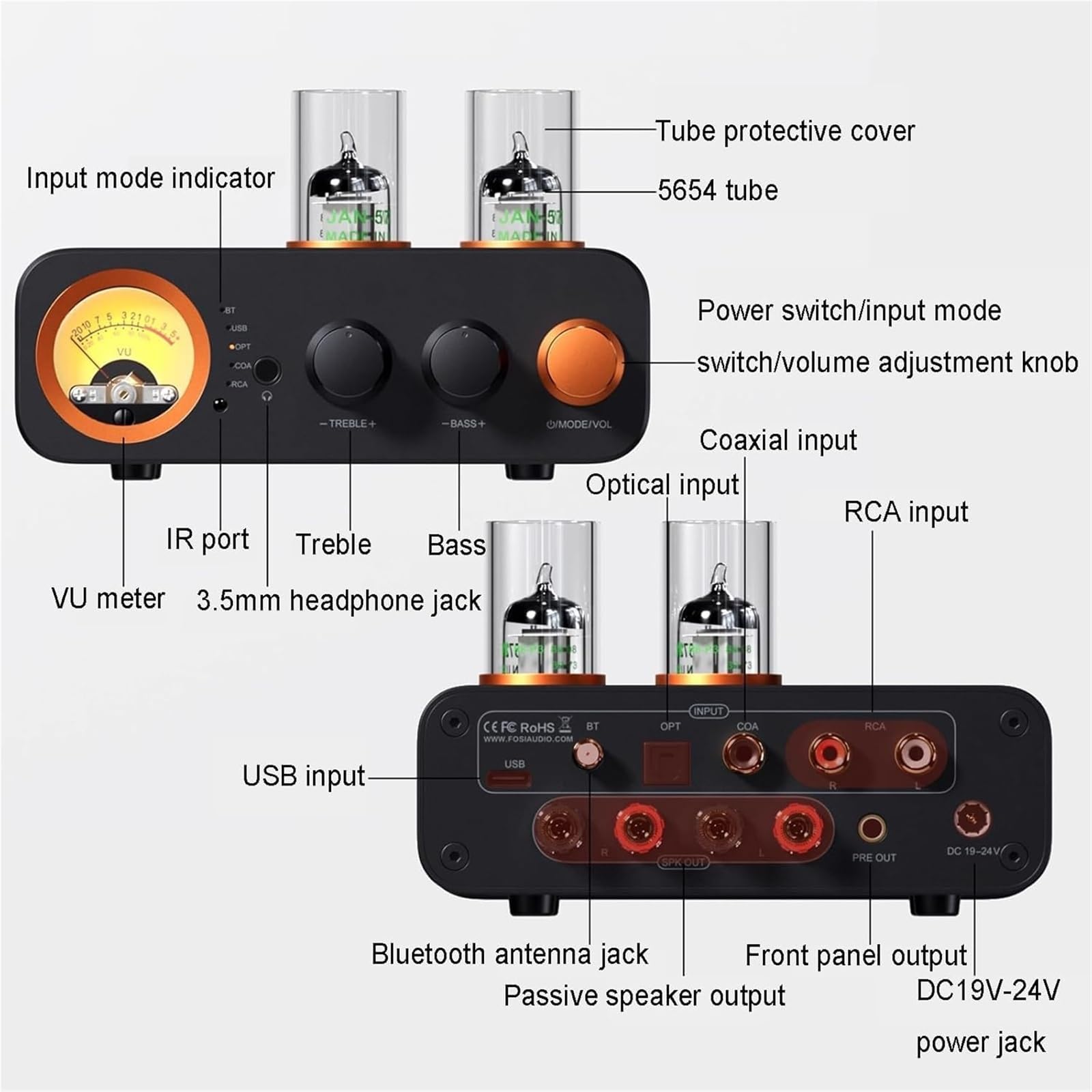 Amplificador Integrado de Tubo, Amplificador de Potencia estéreo de Audio doméstico de 2 Canales, Amplificador de Tubo híbrido estéreo Integrado, con Control Remoto y Tubos de vacío, entrad