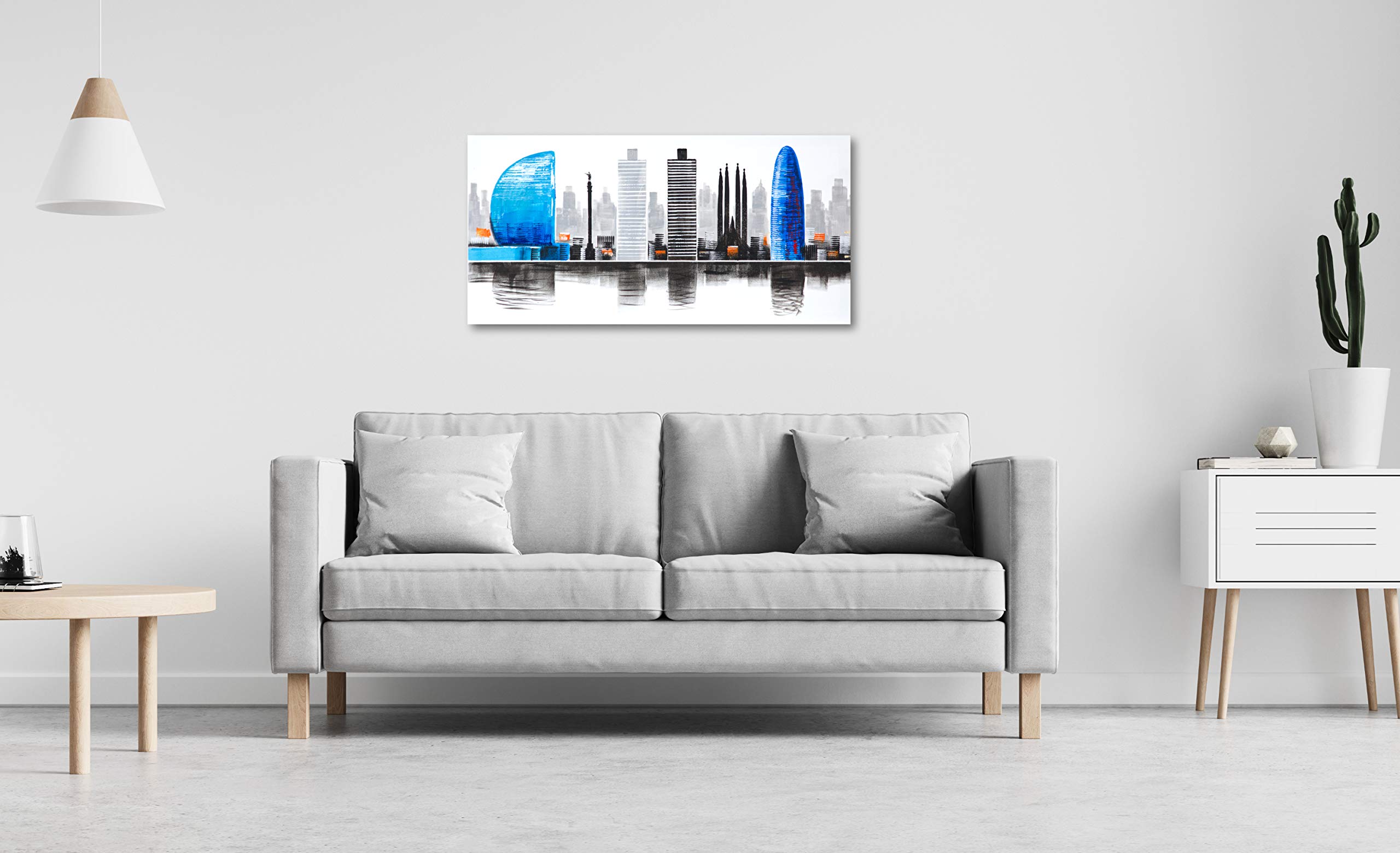 Cuadro Pintado Ciudad de Barcelona 100x50 cm, Moderno, en Blanco y Negro y Detalles en Naranja y Azul. 100% Original, sobre Lienzo. Listo para Colgar