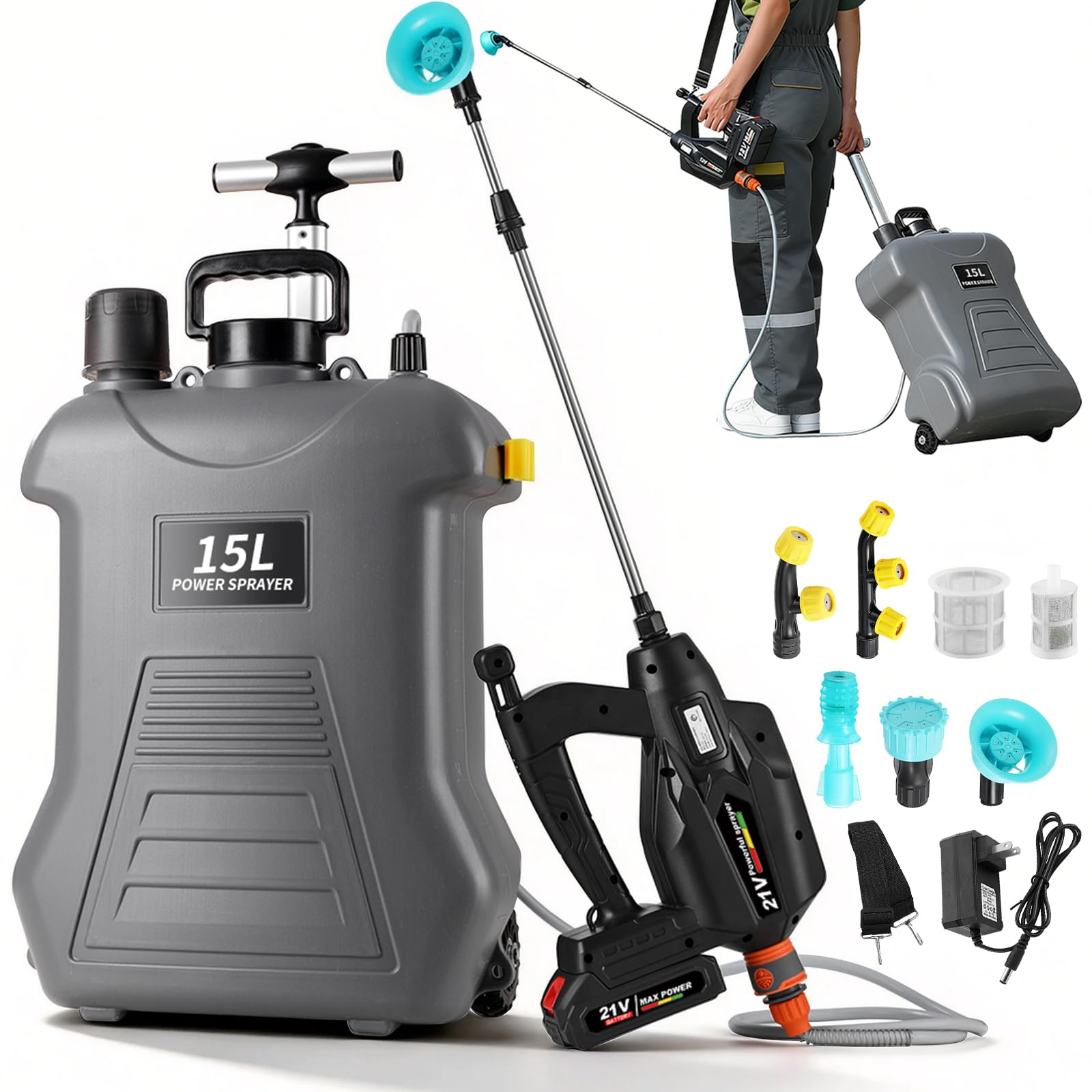 Battery Powered Sprayer, 4 Gallon Garden Sprayer with Wheeled Cart, High Pressure Electric Sprayer for Spraying Plants, Watering, Weeds, Cleaning