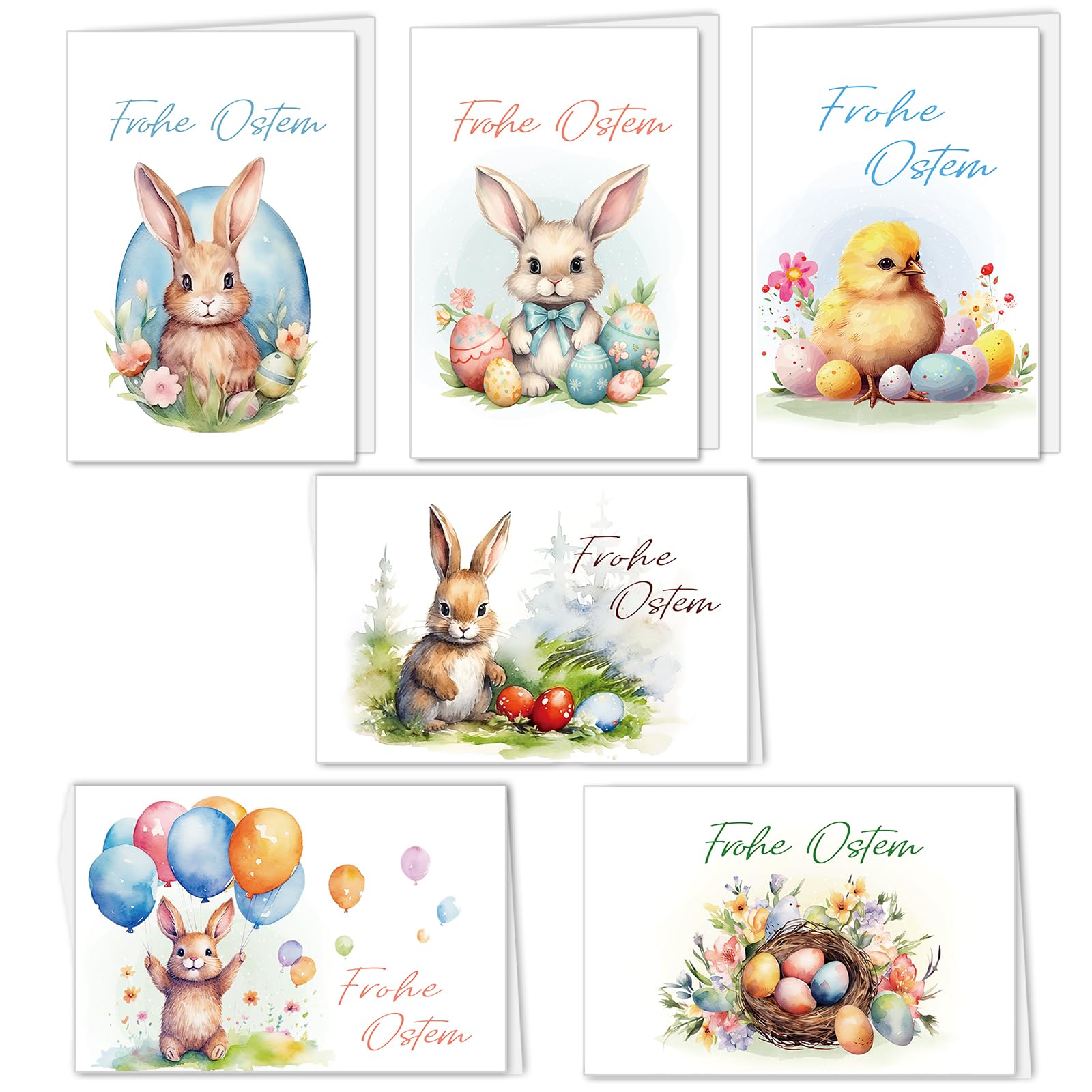 Zestaw 12 niemieckich kartek wielkanocnych z kopertami, otwieranych, z zajączkami i jajkami, Happy Easter