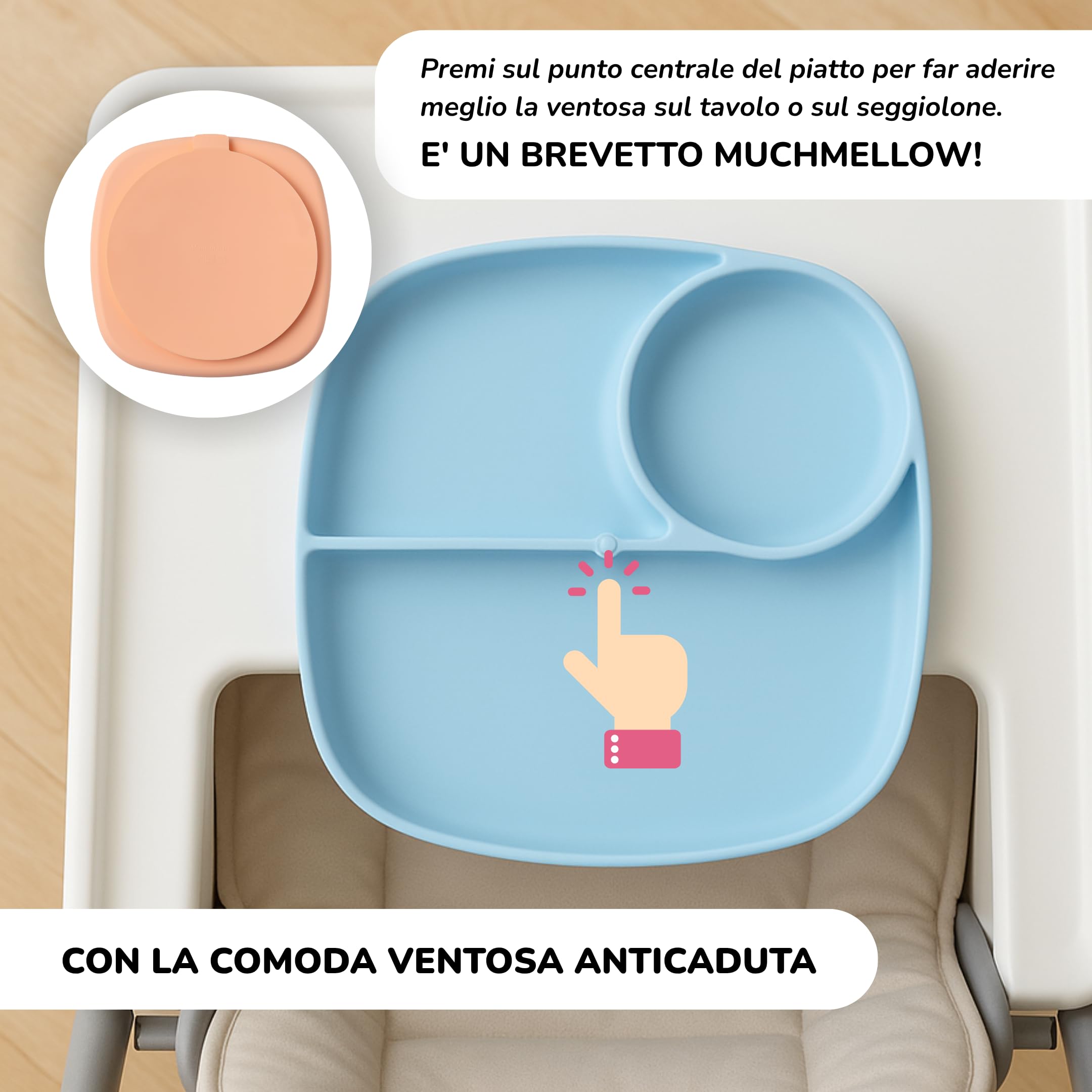muchmellow - Piatto in Silicone MADE IN ITALY per Svezzamento con 3 Scomparti Divisori e Ventosa Anticaduta, Plastic Free, BPA Free, Lavabile Lavastoviglie (Azzurro)