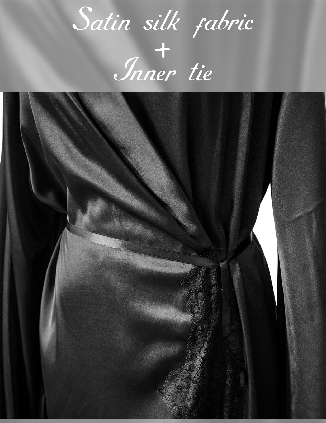 BATHGOWN Robe longue boudoir en satin de soie pour femme avec dentelle et longueur au sol