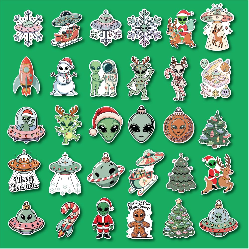 Alien Christmas Stickers – 30PCS Cute Sci-Fi Holiday Vinyl Decals for Kids and Adults – Waterproof Space Alien Stickers for Laptops, Scrapbooks, Gift