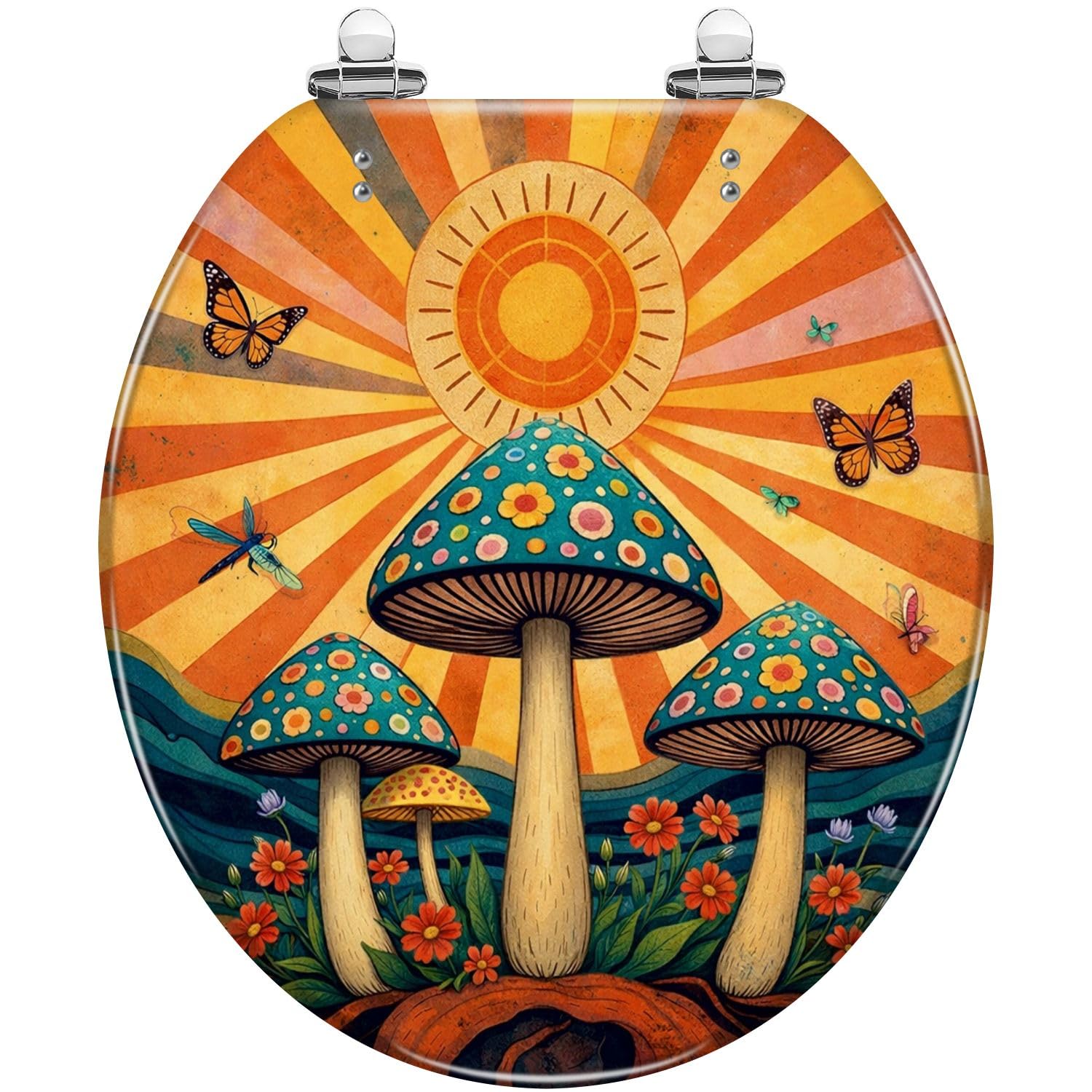 Psychedelic Toilet seat, Colorful Flowers Butterflies Quick Release Hinges Cover Cover Cushion Easy Install Clean, Adjustable, Lightweight, Durable, Portable, User-Friendly