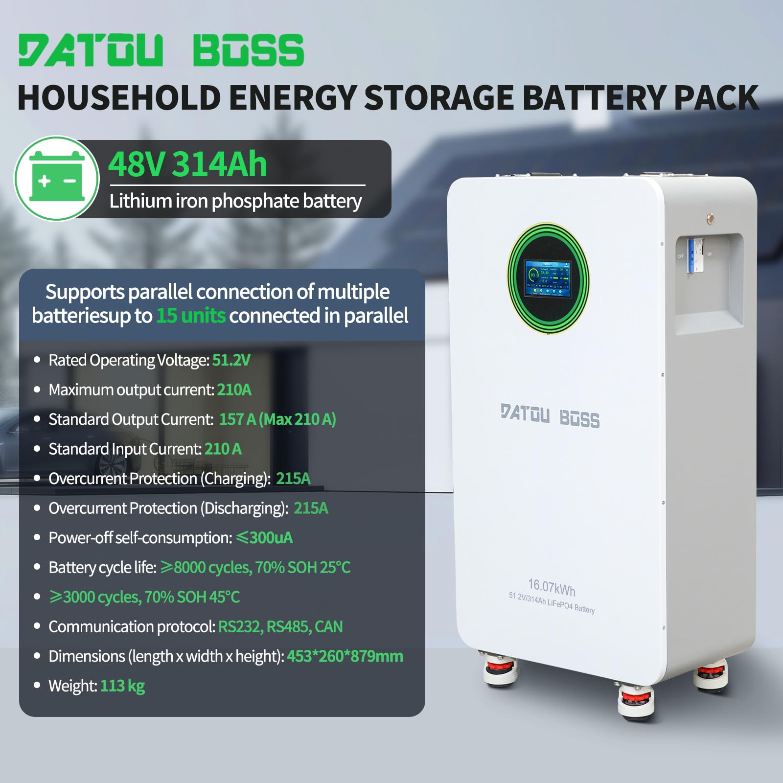 DATOUBOSS Batterie Lithium 48V 314Ah LiFePO4,200A BMS,8000+Cycles Profonds,Max 16,07KWh,Prend en Charge la Connexion parallèle,Une Grande capacité de Batterie et Une Large Gamme d'applications