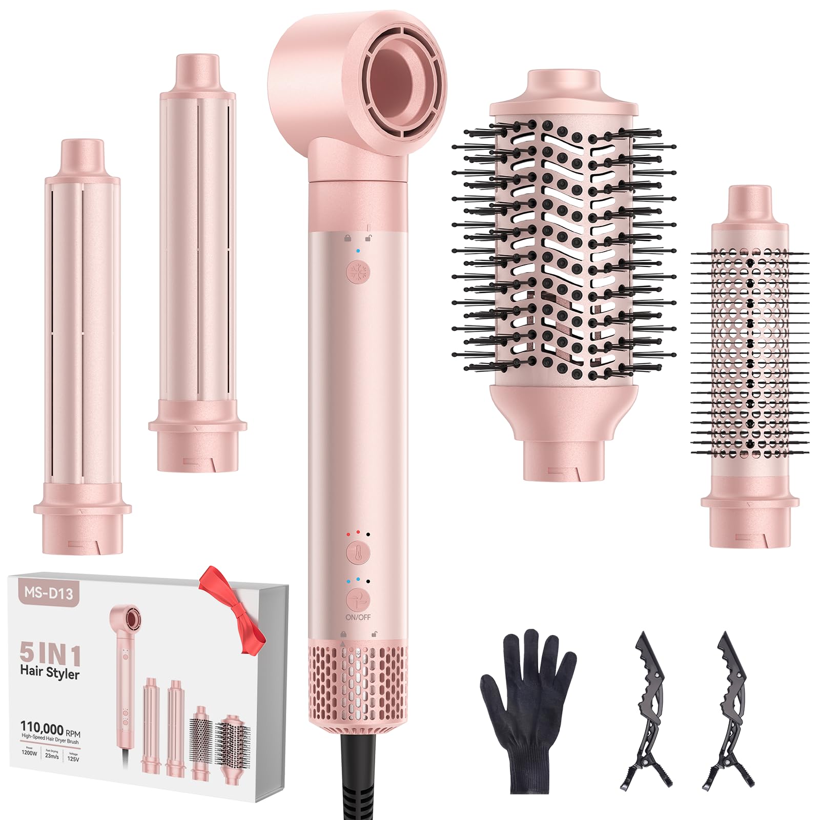 5 in 1 Hair Dryer Brush,110,000 RPM High-Speed Auto Wrap Curling Brush Pink
