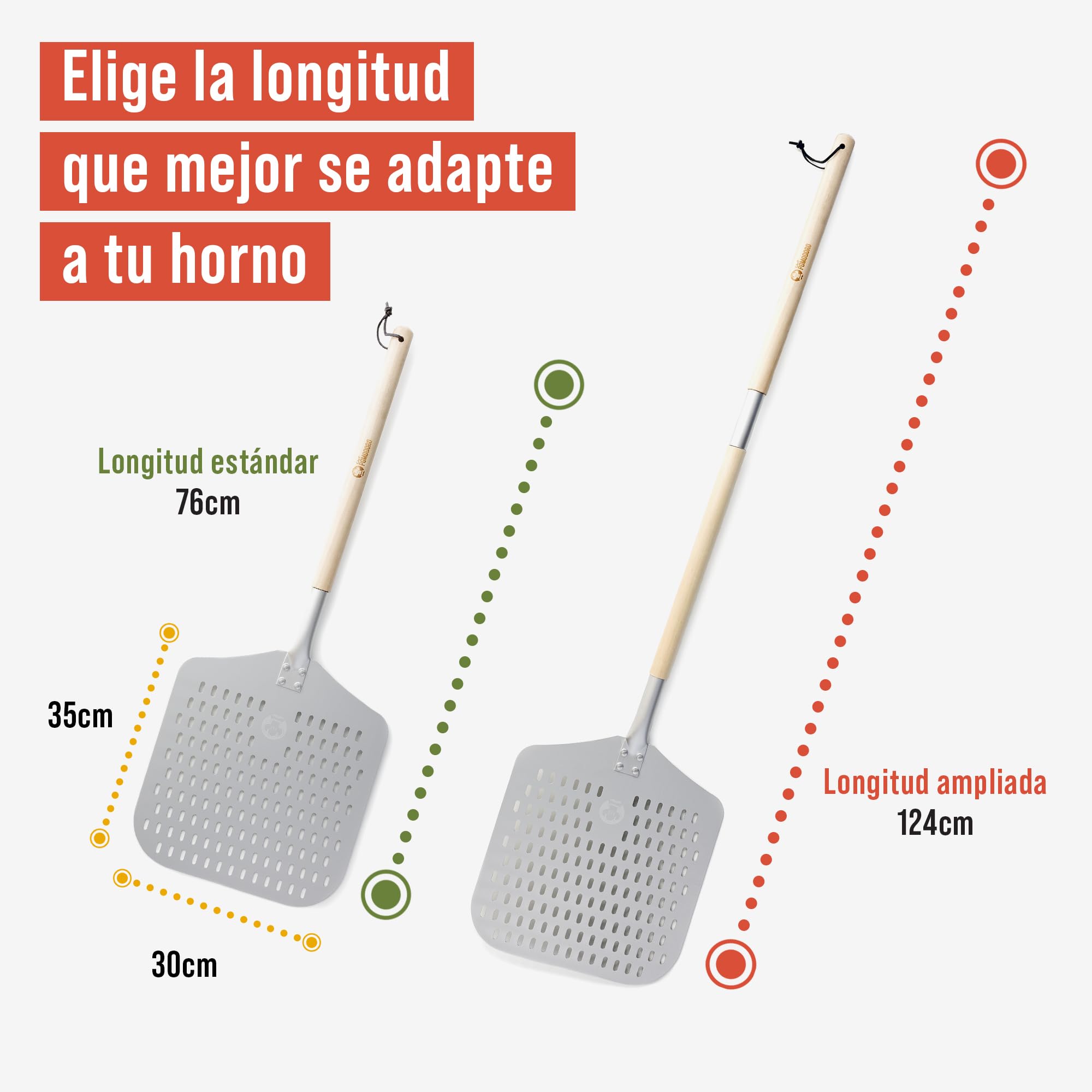 Chef Pomodoro Pala Pizza Horno Larga Perforada 30 x 36 cm, Pala para Pizza de Aluminio con Mango Extensible de Madera Desmontable de 124 cm para Fácil Almacenamiento, Accesorios Cocina Hogar Gourmet