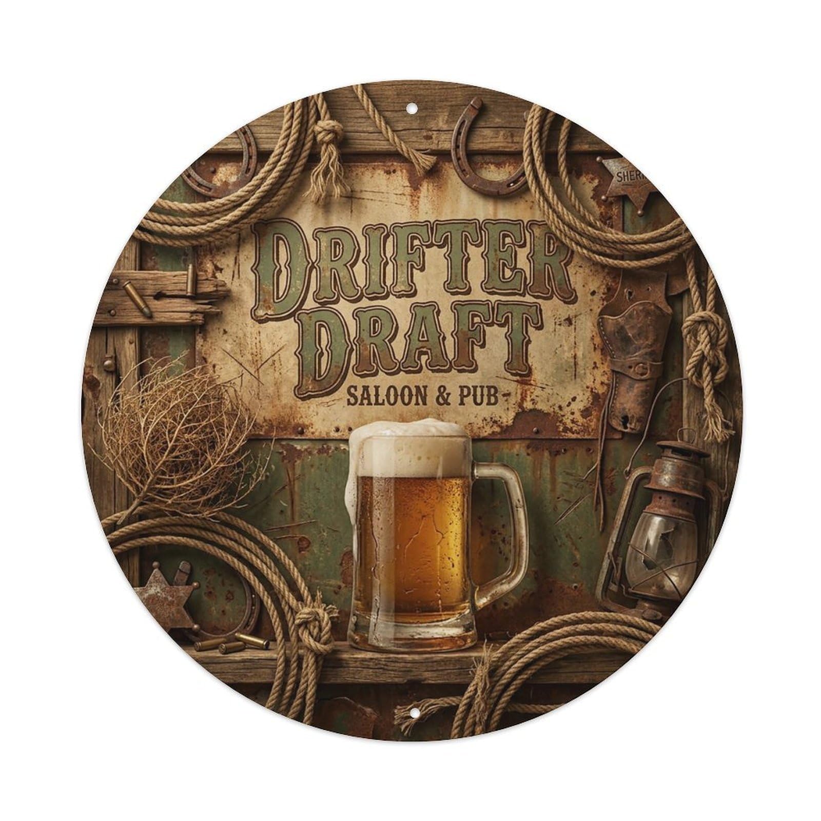 Vintage Beer Western Cowboy Drifter Draft Retro Bar for Pub Vintage Metal Tin Sign Plaque Wall Decor for Cafe, Club Bar, Office, Garden Metal Poster 8x8Inch