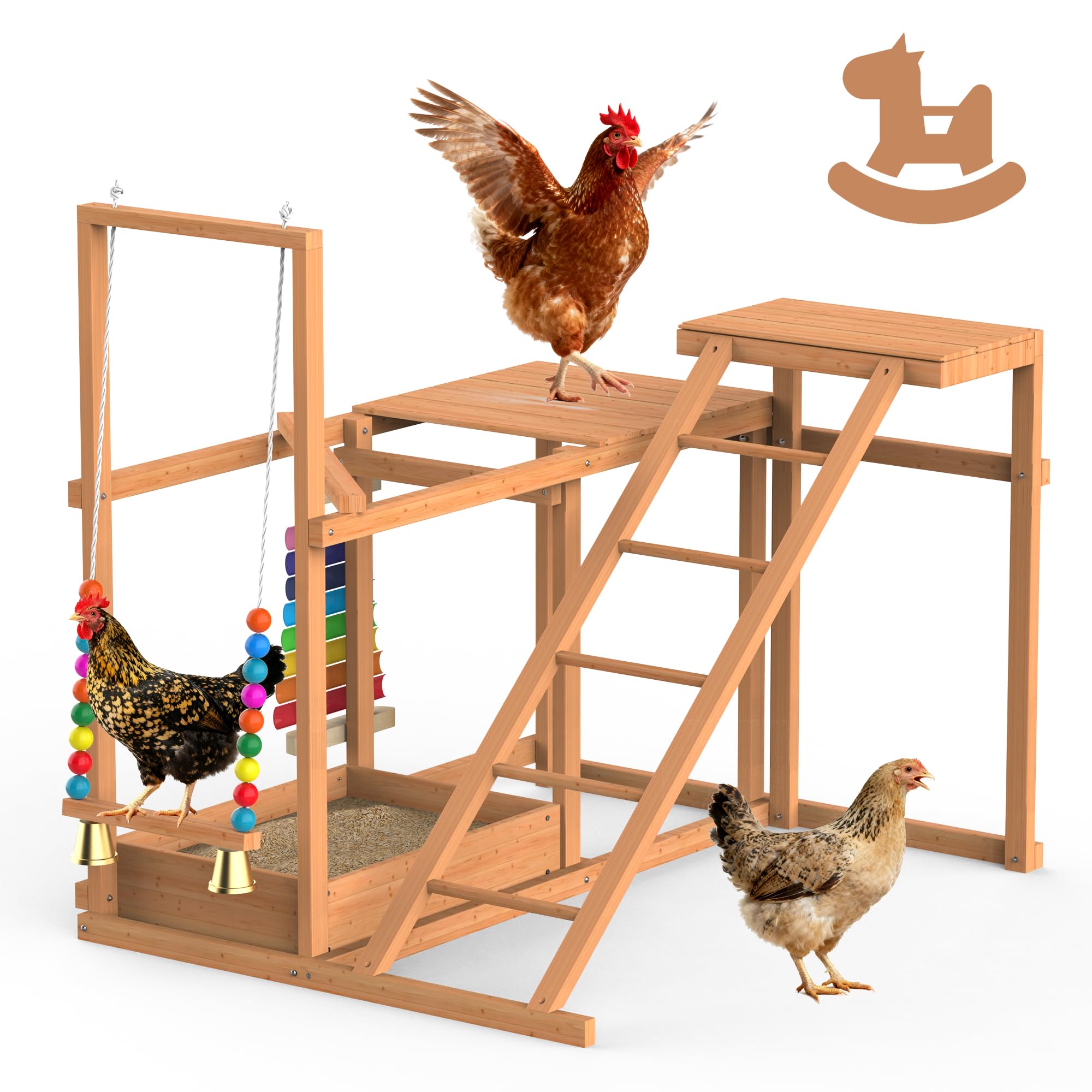 Juego de actividades de pollo, múltiples perchas de pollo con juguete de columpio, accesorio de gallinero de madera con escalera y plataformas y almacenamiento de alimentos, juguete para pájaros al