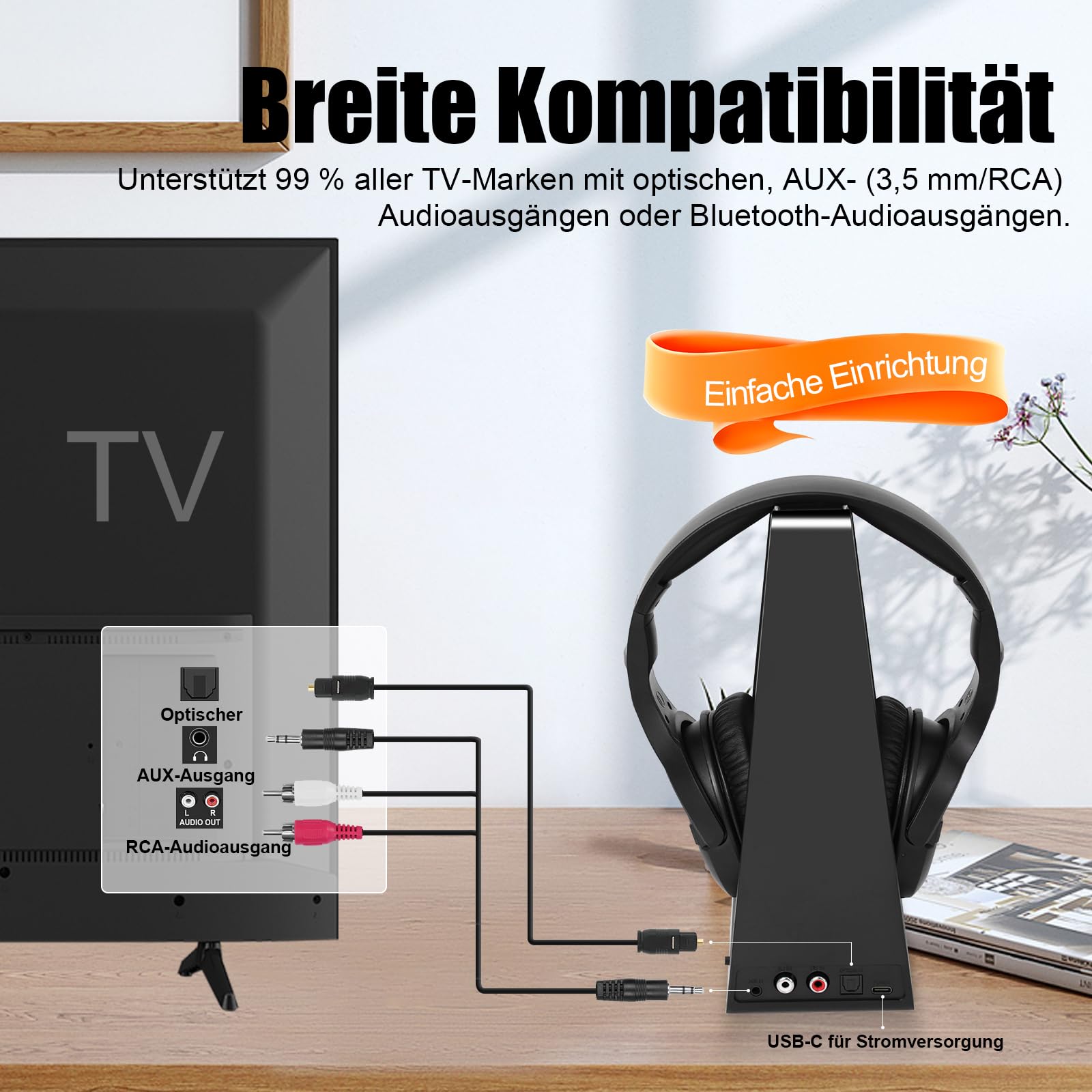 Drahtlose TV-Kopfhörer mit Ladestation und Sender, 2,4-GHz-Funkkopfhörer zum Fernsehen, große Bedientasten und Klangverstärkung für Senioren, Leichtes, Bequemes Bluetooth-Headset, Einfach zu Bedienen