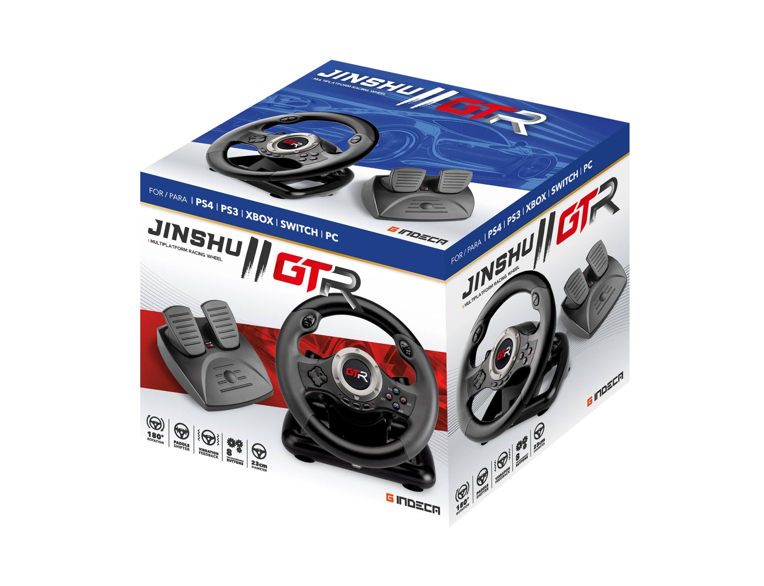 JINSHU 2 GTR RACING WHEEL - INDECA Volante de Carreras con Pedales (compatible con Playstation 4, Playstation 3, Xbox, Switch y PC)