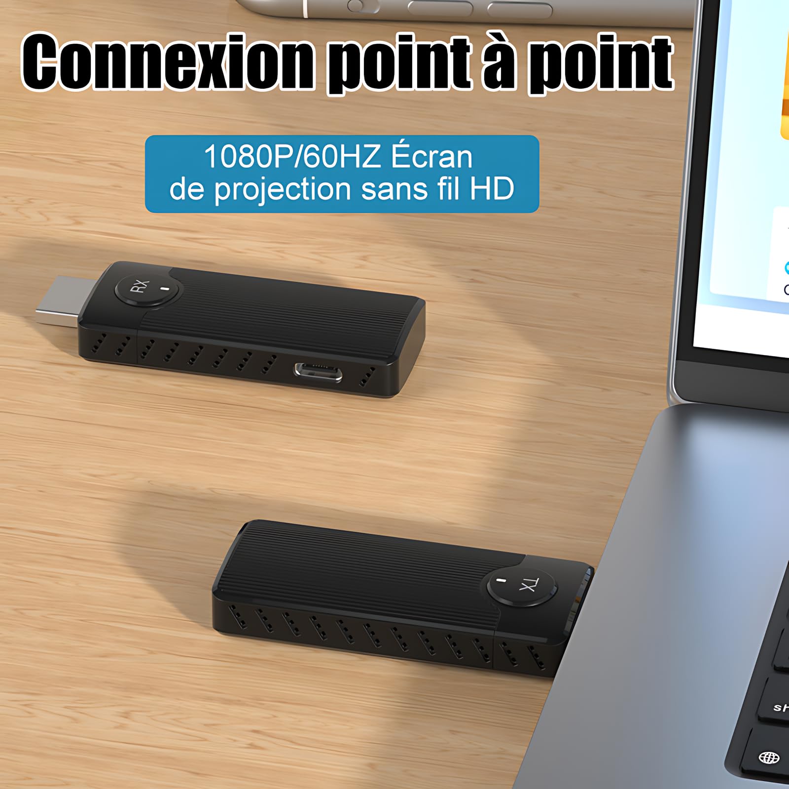 HDMI sans Fil Émetteur et Récepteur HDMI sans Fil,Portée de 50M, 2.4GHz/5GHz, Plug & Play, pour Ordinateur Portable, PC vers TV HD, Projecteur, Écran de conférence