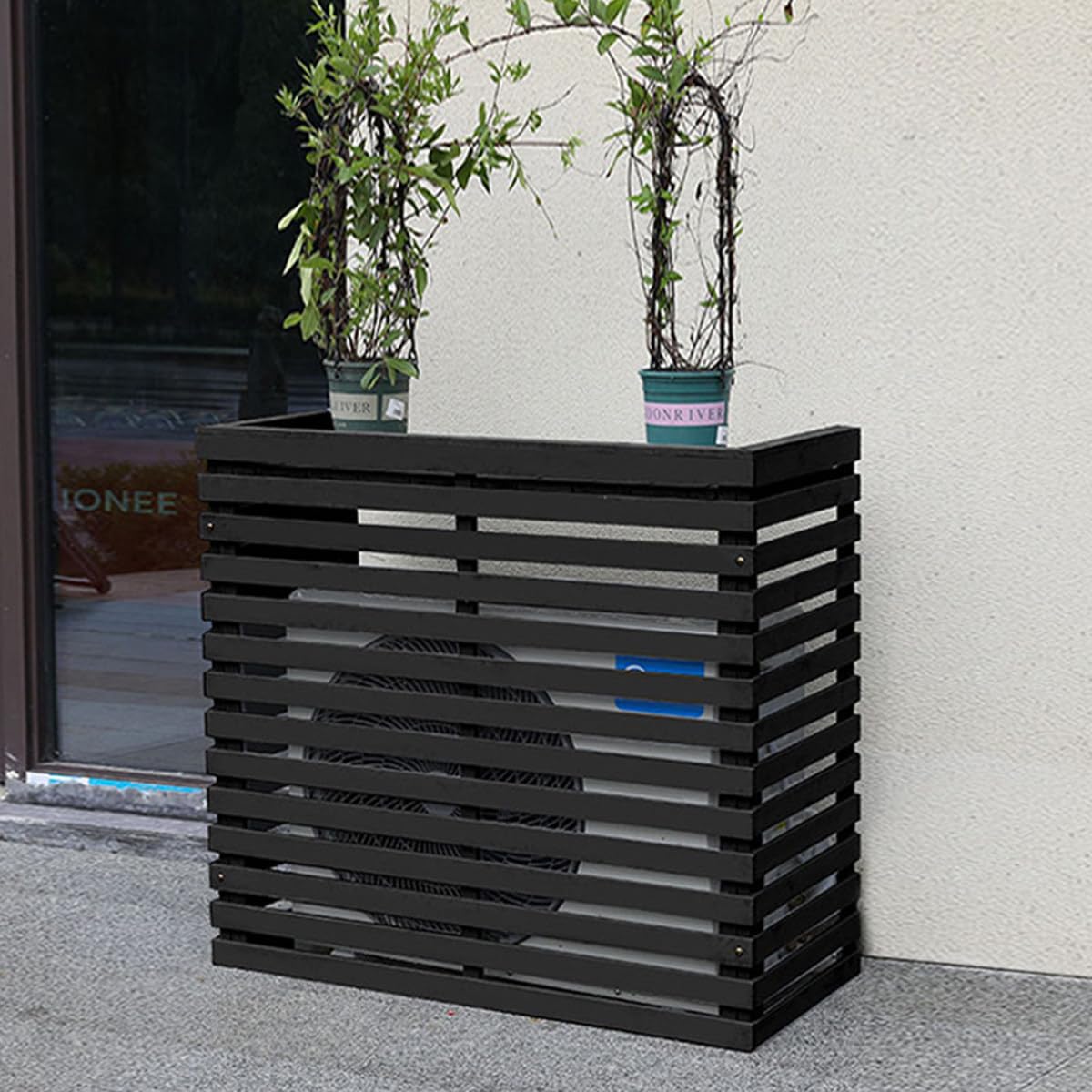 QYMYOZ Outdoor Wooden Air Conditioner Cover - Louvered Solid Wood Hood, Durable AC Unit Protector, Stylish Air Conditioner Rack & Flower Stand for Enhanced Curb Appeal