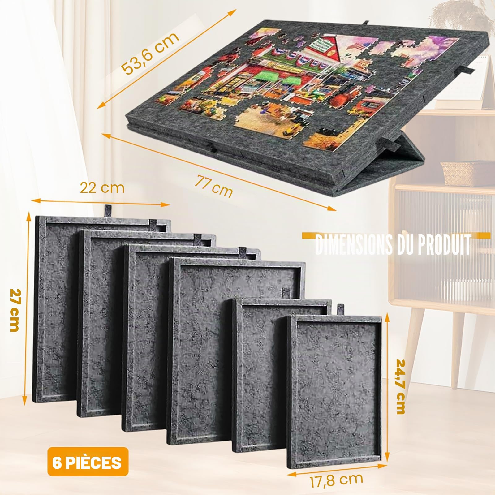 Table de Puzzle Inclinable, Plateau de Puzzle pour des Puzzles Jusqu'à 1000 Pièces, Plateau de Puzzles Portable avec 6 Tiroirs en Feutre avec Support et Couvercle 2-en-1 (Noir)