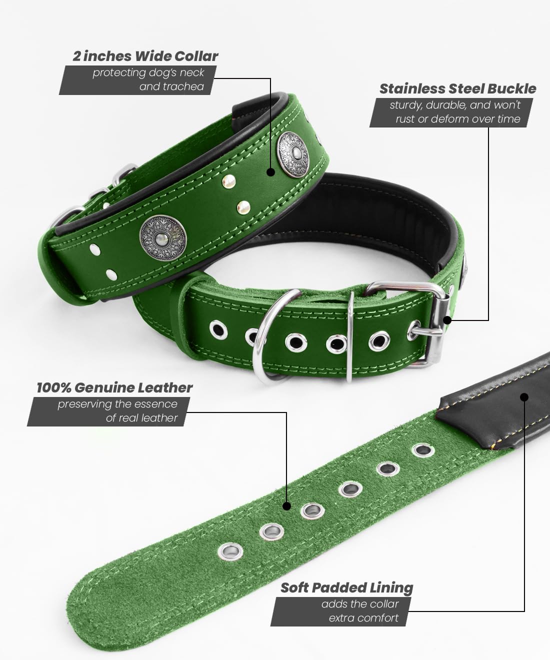 Collar de Cuero para Perro, Collares de Cuero Genuino Resistente de 5 cm de Ancho, Hecho a Mano, Suave y Lujoso, la Mejor opción para Perros de Raza Grande y Media, Color Verde, 22.5-26.5 Pulgadas