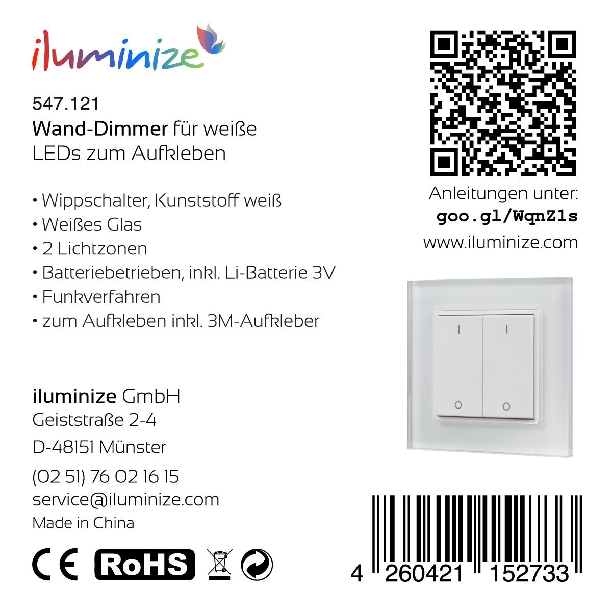 Dimmer de pared de diseño inalámbrico: con interruptor basculante para controlar LED blancos, 2 zonas, funciona con pilas de 3 V, no es un regulador universal: se requiere controlador
