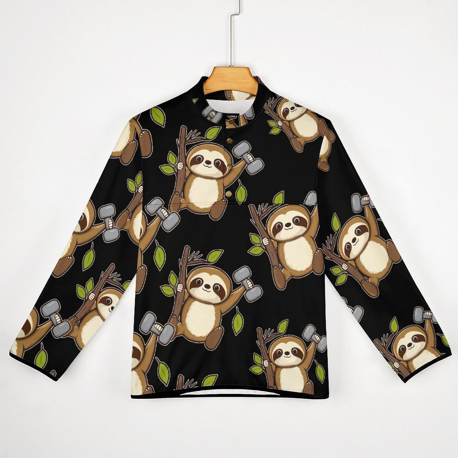 Power Sloth Weight Training Mens Sweatshirt Long Sleeve Stand Collar Button Pullover Polo Sweaters Fall