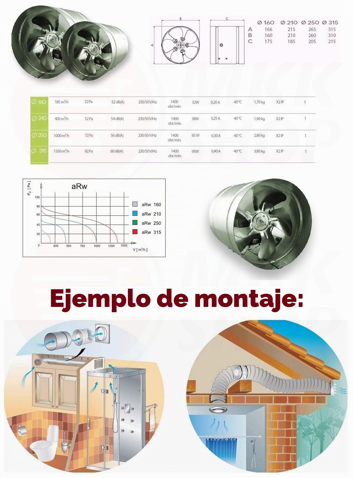 MKK Conducto Inline ventilador 250mm zinc metal chapado ARW canalización campana industrial