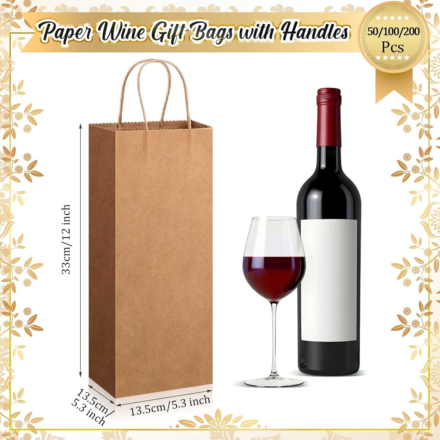 Handepo 50 Pcs Paper Wine Bags Kraft with Convenient Handles 13 x 5.3 x 3.3 Inch Gift Tote Shopping Bags for Small Business Wine Gift Wrap (Brown)