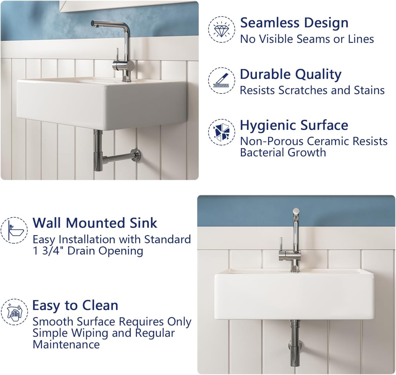 23'' White Ceramic Rectangular Wall-Mount Bathroom Sink