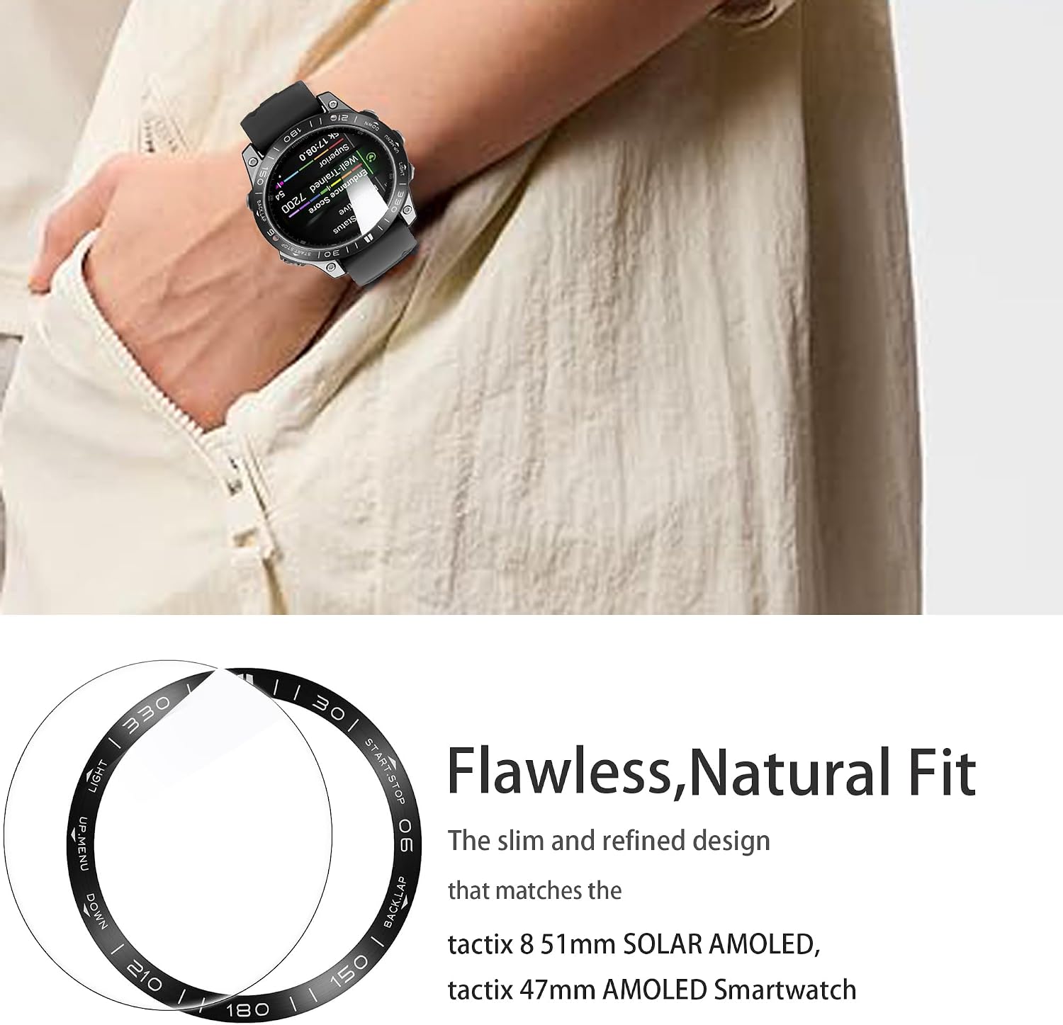 Compatible for Garmin tactix 8 Bezel Ring, Lamshaw Stainless Steel Bezel Ring Adhesive Cover with Tempered Glass Screen Protector Compatible for Garmin tactix 8 51mm SOLAR AMOLED, 47mm AMOLED Smartwatch (Black&White, Tactix 8 51mm Solar)