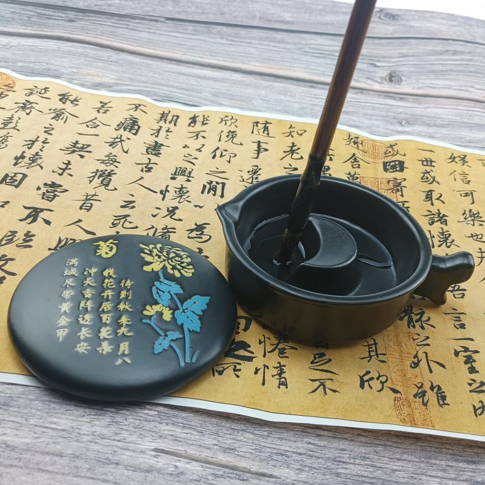 Multifunctional Chinese Calligraphy Handmade Porcelain Ink Well Dish Ceramic Inkslab Inkstone with Brush Holder for Beginners Paintings Writings Drawing Practice Art Supplies(Chrysanthemum)
