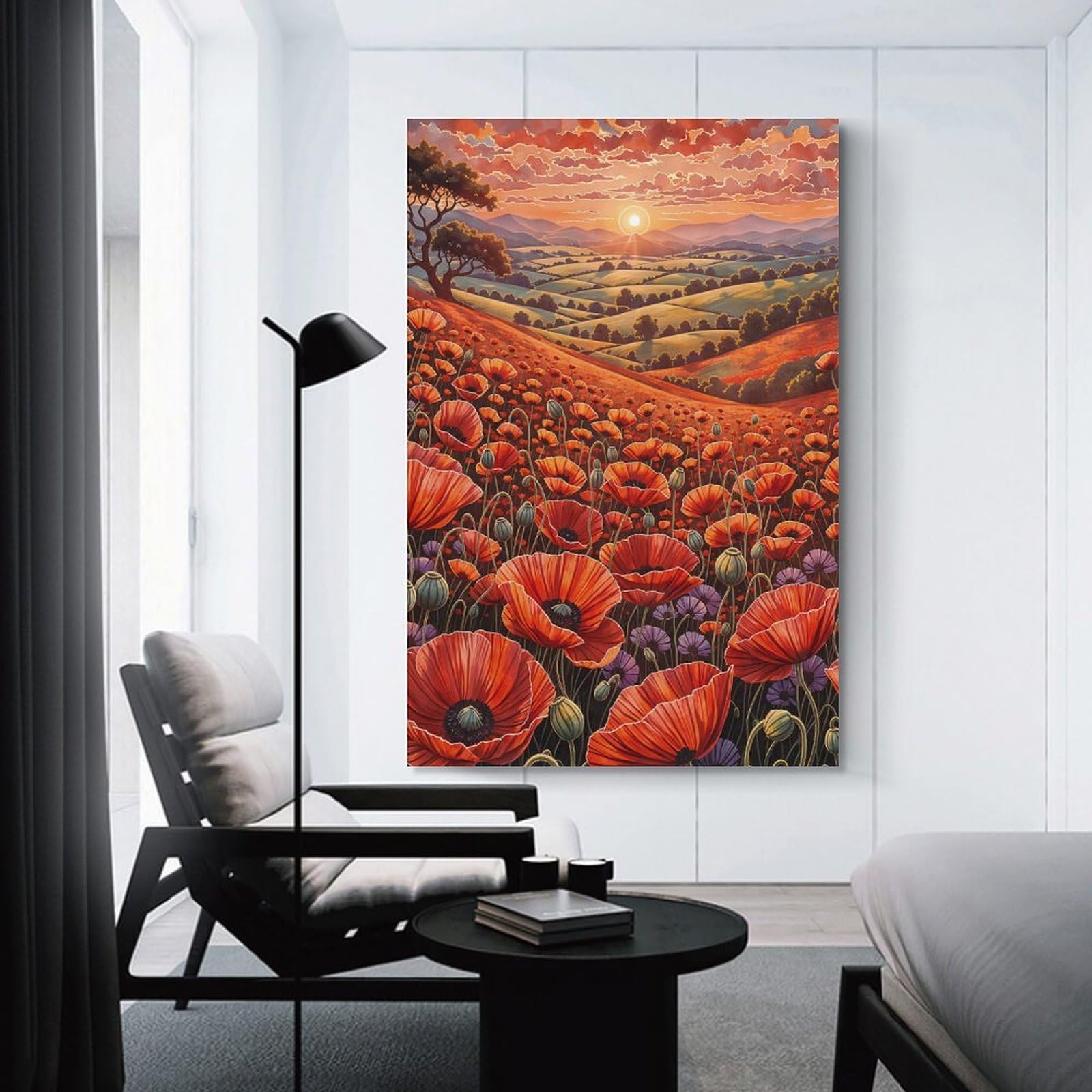 sinyumoney Poppy Field Sunset Poster Artworks Canvas Room Aesthetic Wall Art Prints Home Picture Painting Modern Decor 20x30inch(50x75cm)