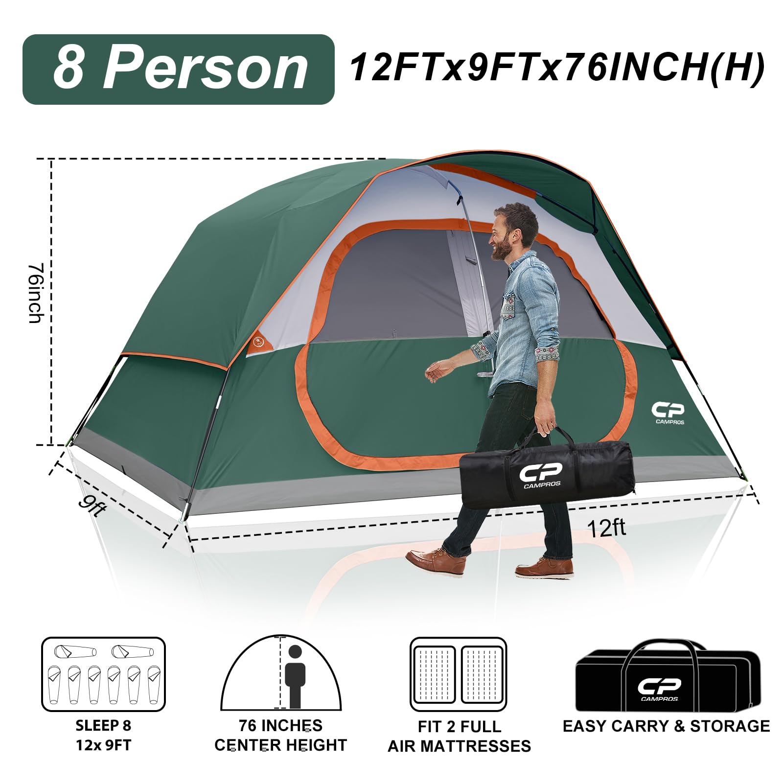 CAMPROS CP Tenda da campeggio per 6/8 persone, impermeabile, antivento, tenda a cupola per famiglie con copertura superiore antipioggia, grandi finestre a rete, doppio strato, facile da montare