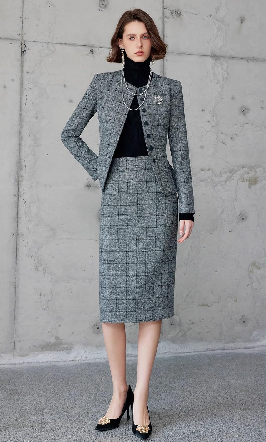 Women's Plaid Suit Skirt Set Business Casual Single Breasted Button Jacket Collarless Tuxedos