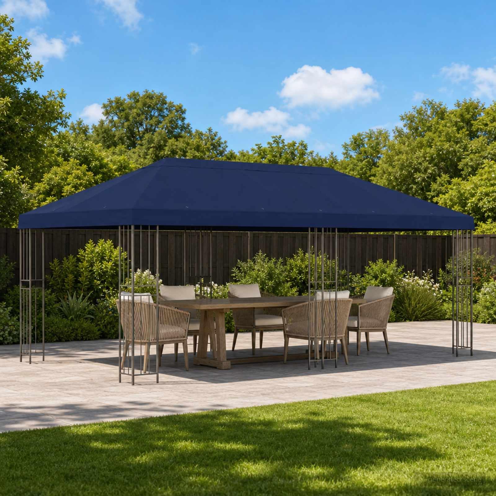 Carpa de jardín 6 x 3 m azul poliéster y acero, 190 g/m², paredes laterales con red y , techo con circulación de aire para exterior terraza