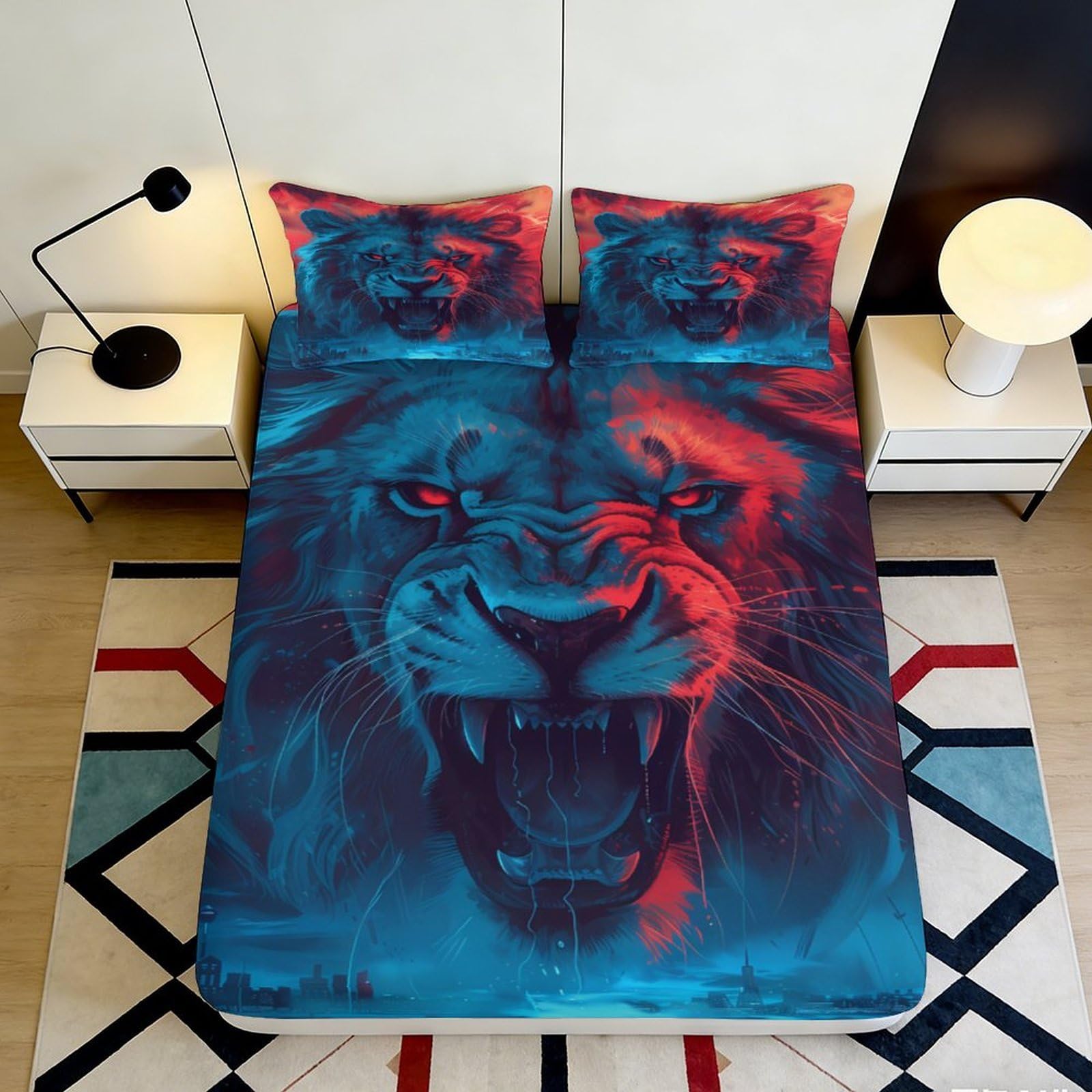 3D Printed Lion Fitted Sheet Microfiber Elastic Hem Non-Slip Bedroom Bedding Lion Mattress Fitted Cover Deep Pocket for Adults Teens 90x200x25cm