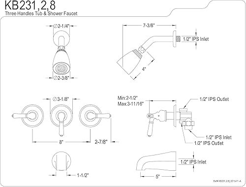 Miniatura 2 de Kingston Brass KB231 Magellan - Grifo para bañera y ducha con 3 asas Magellan, cromo pulido, alcance de boquilla de 5 pulgadas