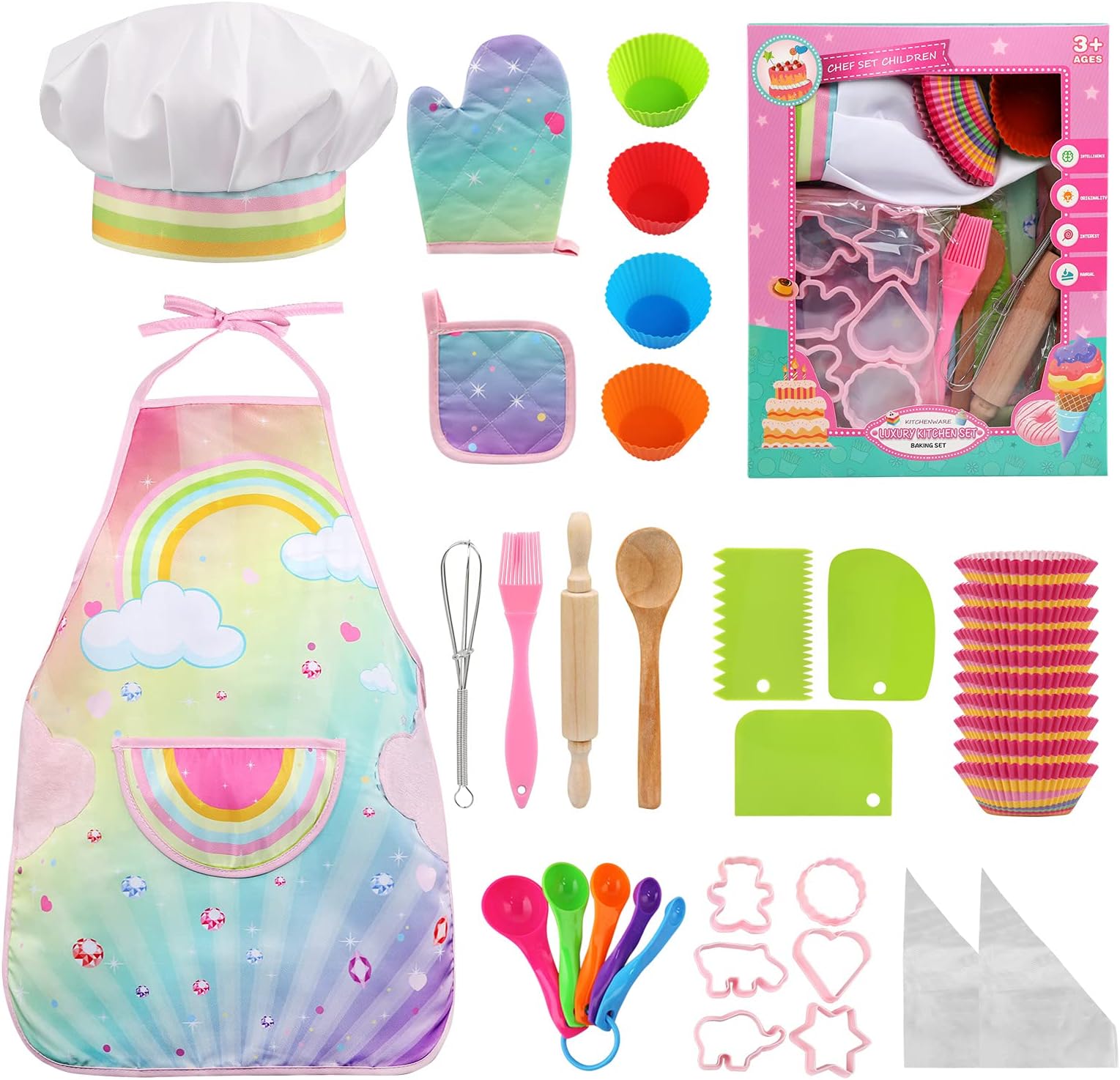 Leadstar Children's Baking Set, Cooking Apron Girls Children's Apron Chef Set, Kitchen Toy Cooking Tableware Play Role Play Kitchen Toy Gift with Chef's Hat, 38 Pieces